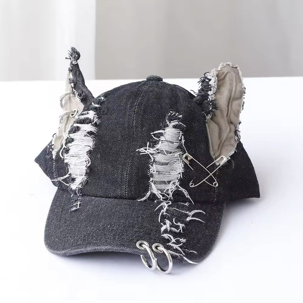 Japanese Brand Rabbit Ears Metal Ring Ripped Denim Baseball Cap Size ONE SIZE - 2 Thumbnail