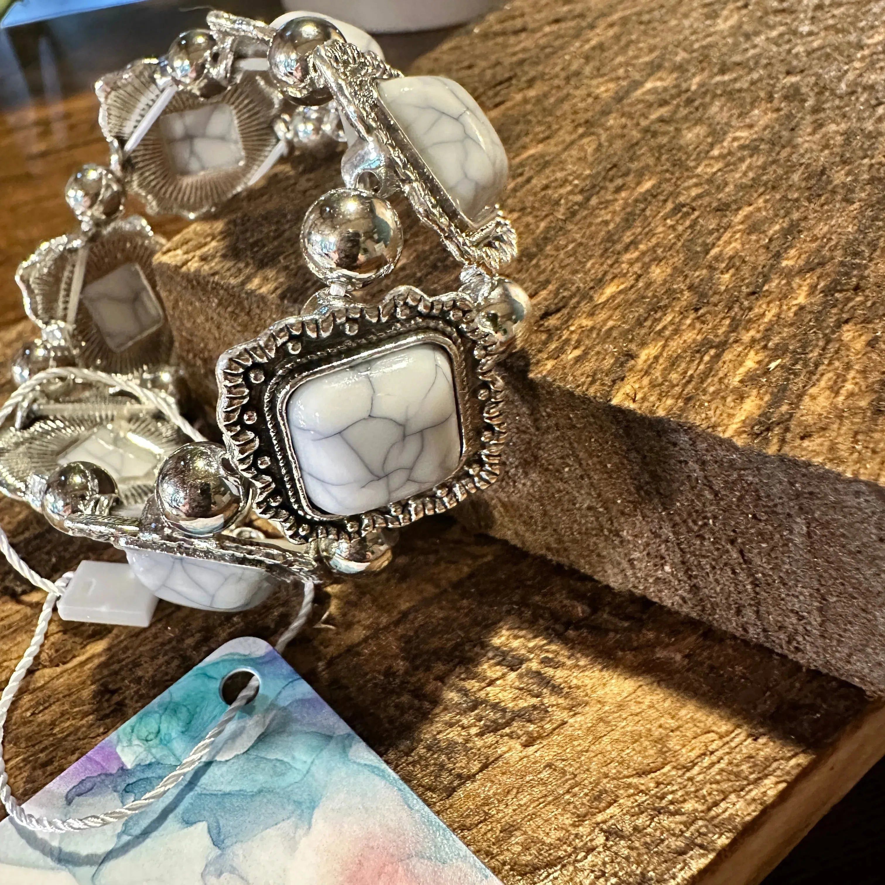 Other Handcrafted Boho White Stone Bangle, Stretch Bracelet Boho V Size ONE SIZE - 3 Thumbnail