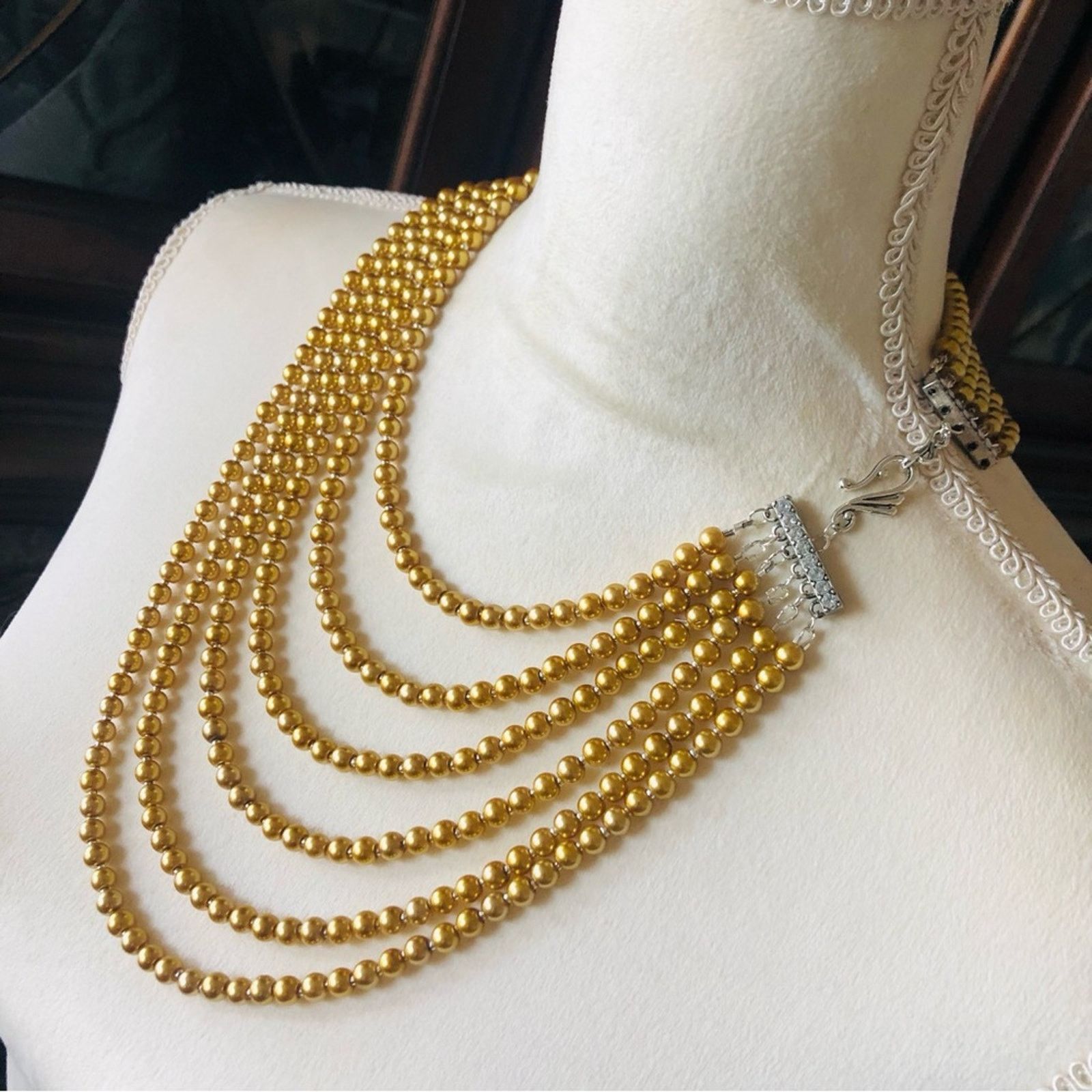 Handmade Handcrafted six strand golden Czech glass pearl necklace Size ONE SIZE - 3 Thumbnail