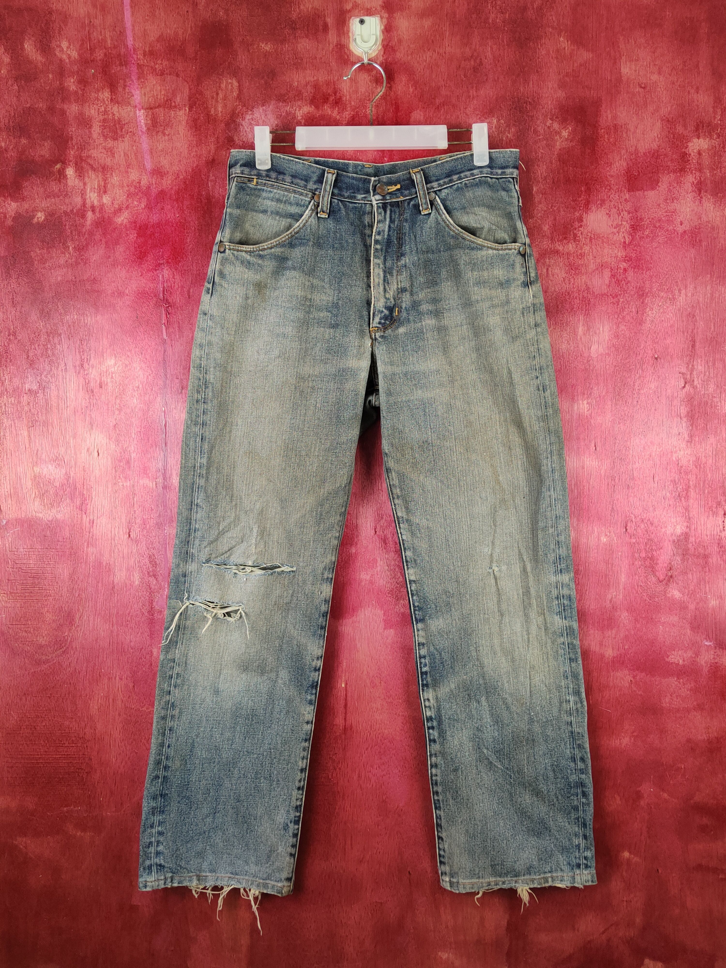 image of Distressed Denim x Wrangler Dark Blue Faded Distressed Ripped Jeans S2246 in Dark Blue Denim (Size 