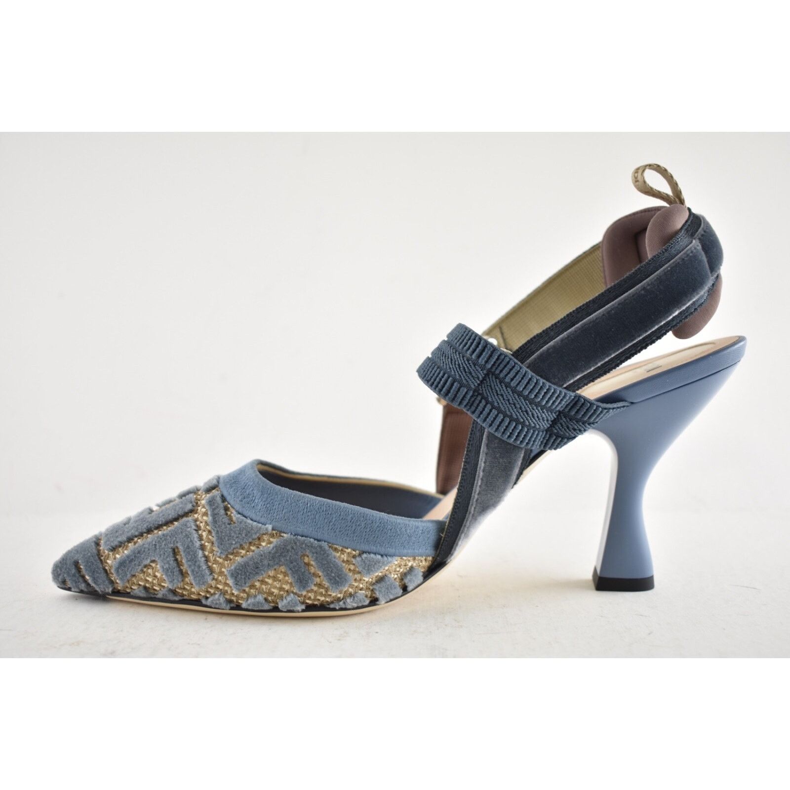 Fendi Fendi Colibri Lite 85mm Blue Velvet Beige FF Logo Pointed Size US 10 / IT 40 - 10 Thumbnail