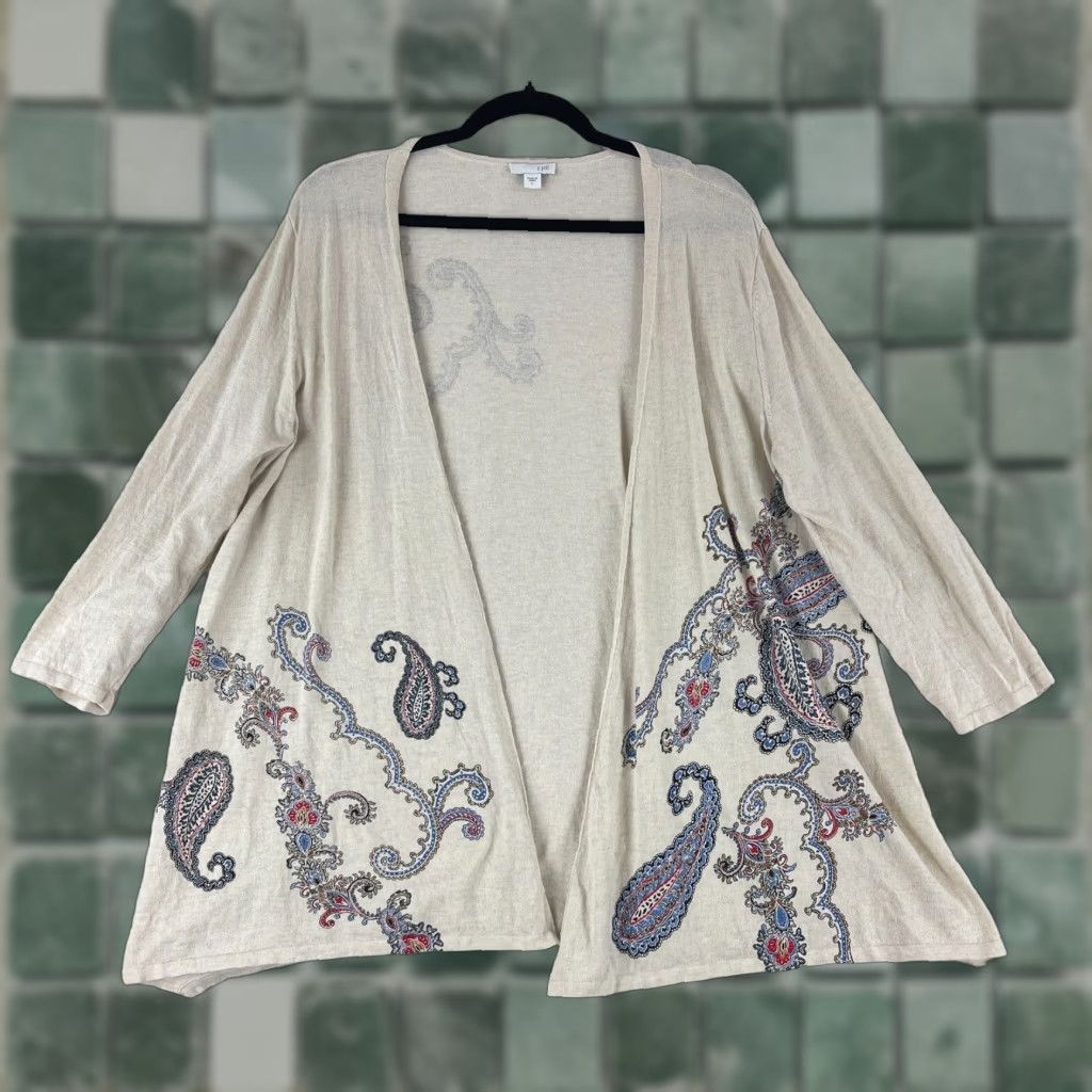 J. Jill J. Jill Cardigan Sweater Womens Large Ivory Paisley Print 3/4 Sleeve Cotton Knit Size L / US 10 / IT 46 - 1 Thumbnail