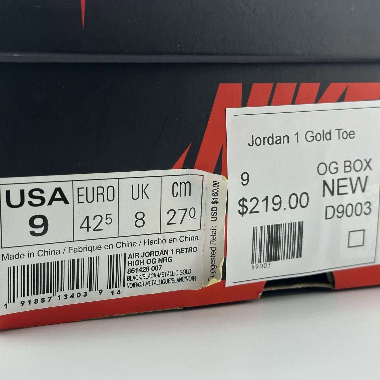 Nike Air Jordan 1 Retro High Black Metallic Gold US9 New with Box Size US 9 / EU 42 - 10 Thumbnail