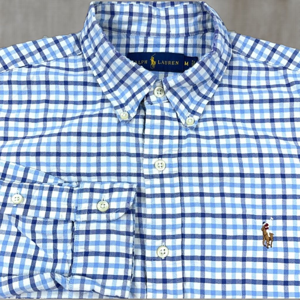 Ralph Lauren Ralph Lauren Shirt Men Medium Blue Button Up Oxford Cloth Tattersall Plaid Dress Shirt Size 40R - 1 Thumbnail
