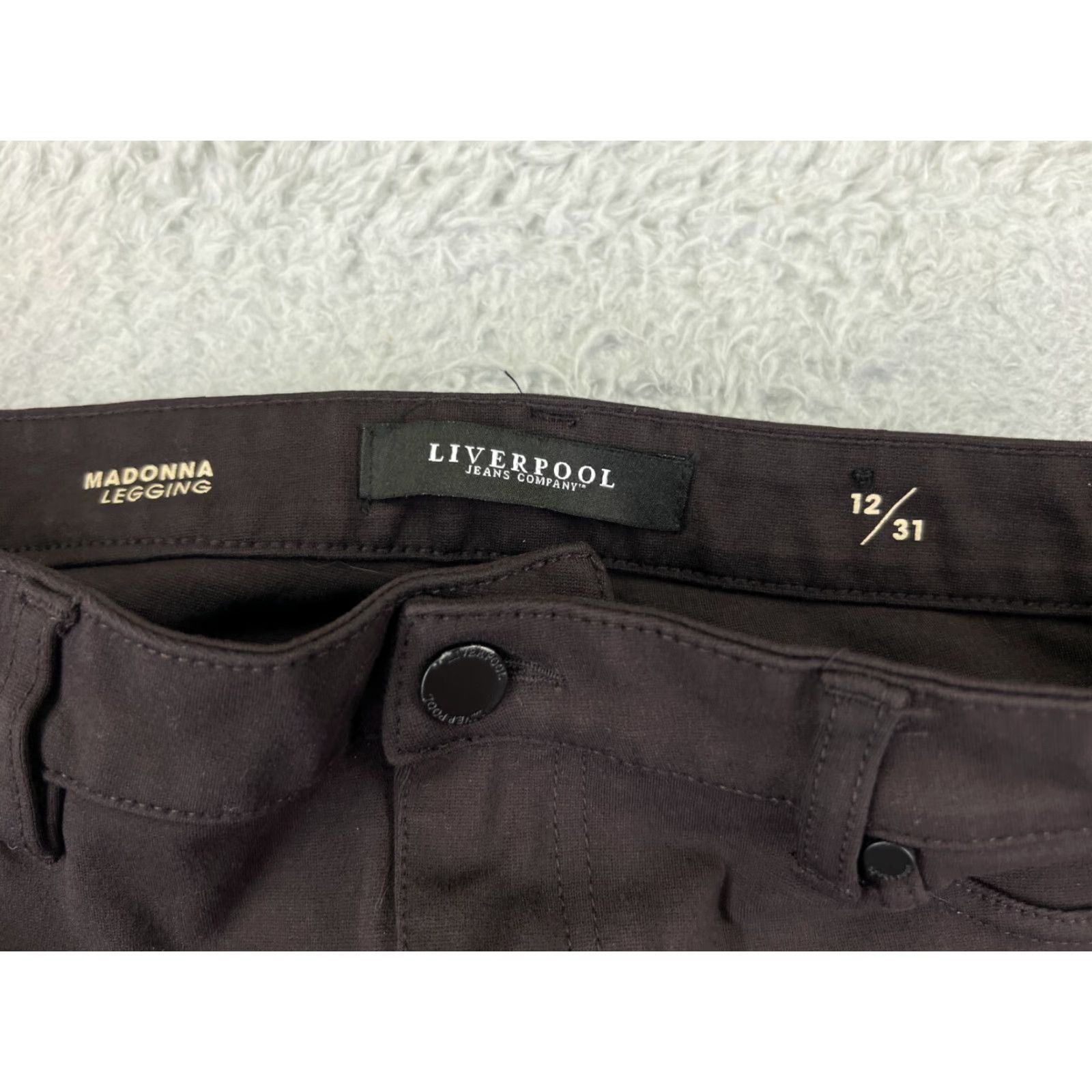 Vintage Liverpool Jeans Company Pants Women 12 Brown Tapered Madonna Legging Rayon Blend Jegging Regular Rise Mid Front Flat Front Stretch Knit Button Size 34" / US 12 / IT 48 - 6 Thumbnail