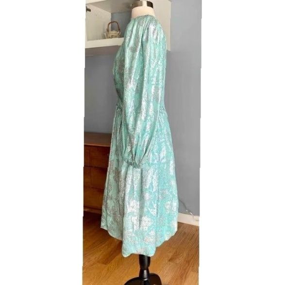 Vintage VINTAGE Diane Dickinson Cocktail Dress 12 Blue 1980s Silk Brocade Puff Sleeves Eveningwear Mens Womens Girls Size XL / US 12-14 / IT 48-50 - 4 Thumbnail