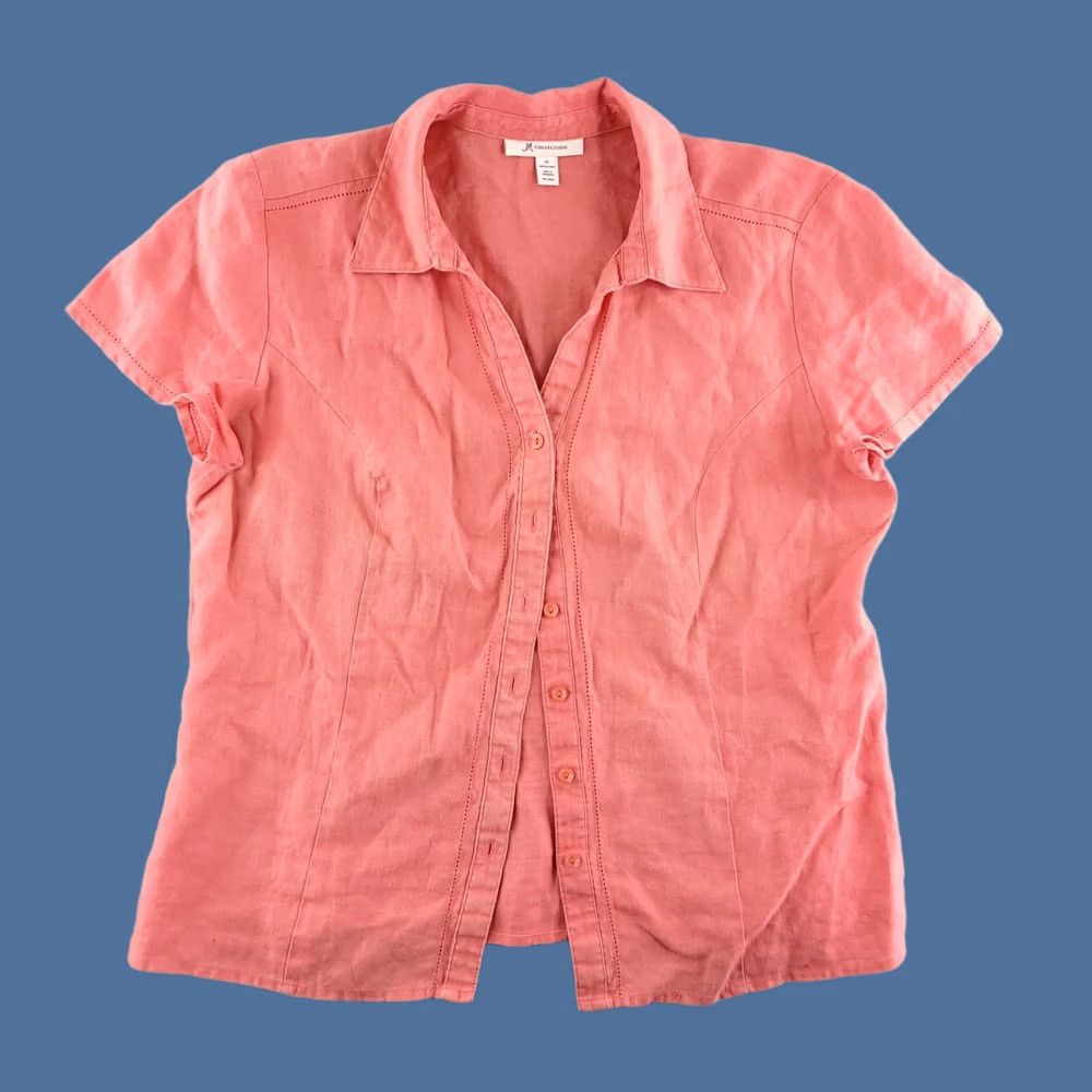 JM Collection JM Collection Linen Shirt Womens 12 Pink Button-Up Short Sleeve Collared Classic Solid Button Front 12 Womens Shirt Linen Pink Classic Size XL / US 12-14 / IT 48-50 - 1 Thumbnail