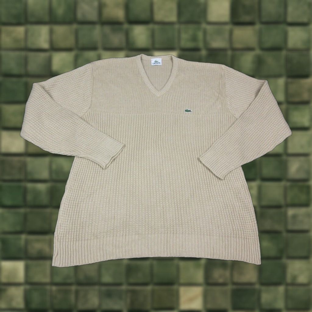 Lacoste Sweater Mens XL Beige V-Neck Long Sleeve Solid Preppy