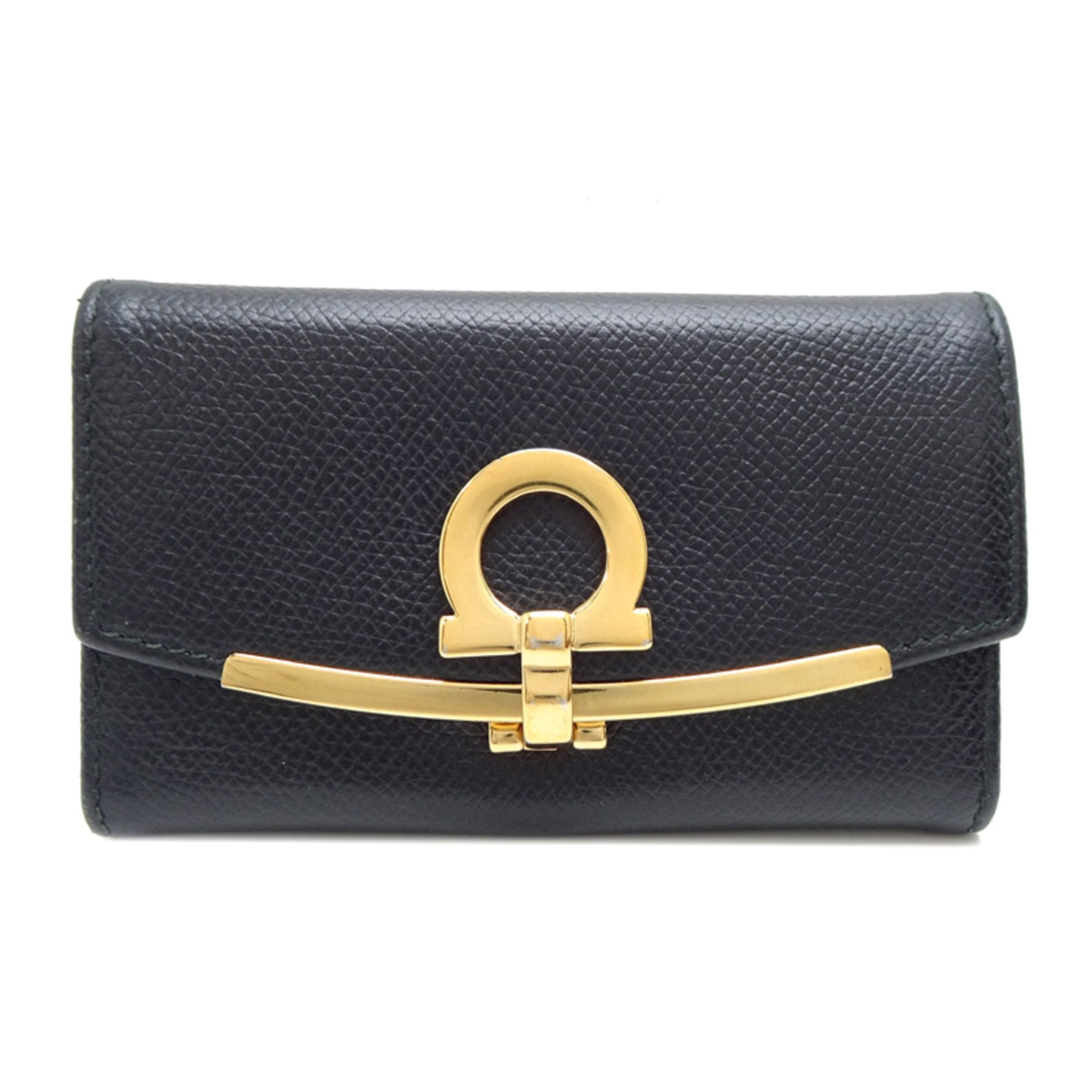 Salvatore Ferragamo Gancini 6-Key Case Women's and Men's Black Leather IR22D151