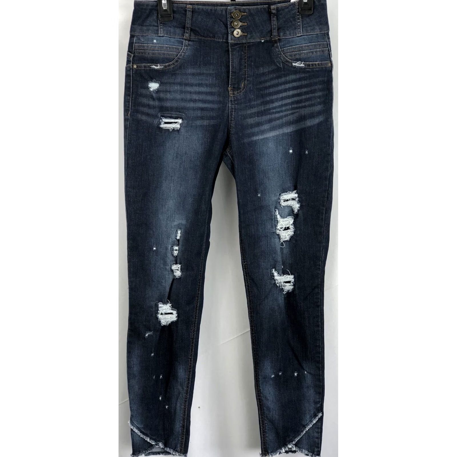 Vintage Nobo Distressed Jeans 11 Dark Denim High Rise Slimming Frayed 28"W 27"Inseam Jeans Women Juniors XS? Size 32" / US 10 / IT 46 - 2 Thumbnail