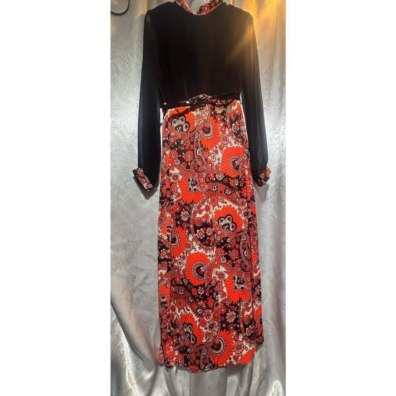 Vintage True Vintage Mod MCM Psych Floral Long Maxi Black Orange Dre Size XL / US 12-14 / IT 48-50 - 2 Thumbnail