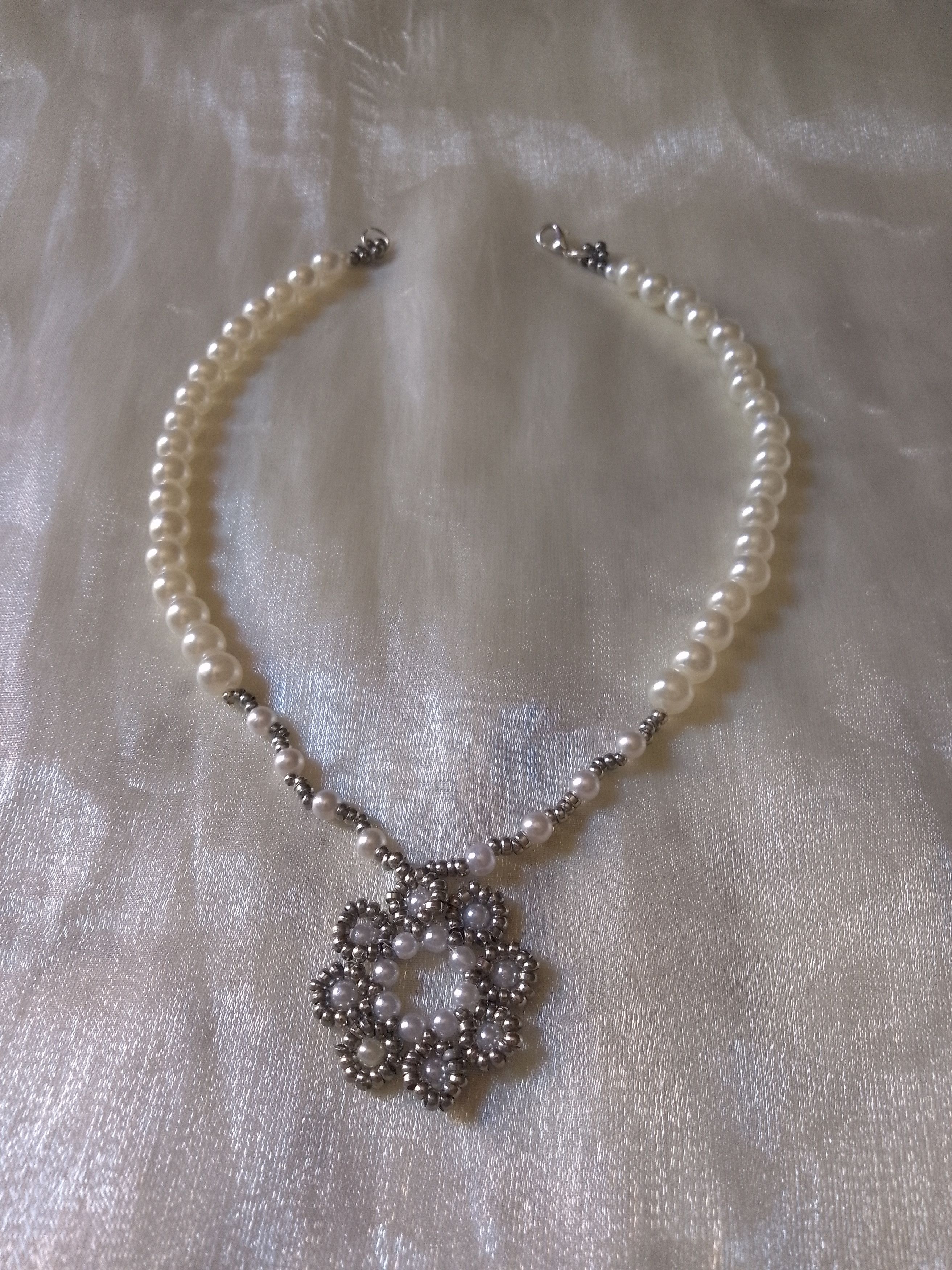 Handmade Necklace Pearls Flower Beaded Pendant Elegant Size ONE SIZE - 3 Thumbnail