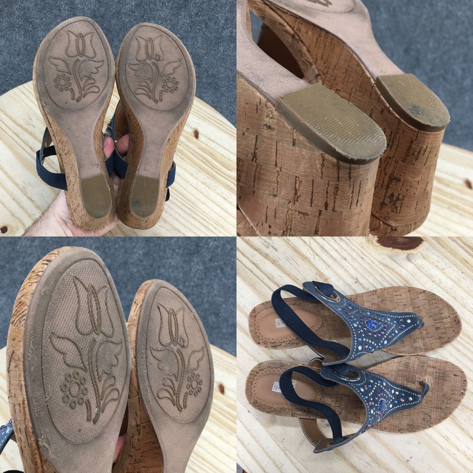 Vintage White Mountain Sandals Adeline Thong Womens 10M Blue Fabric Studded Wedge W24611 Size US 8 / IT 38 - 9 Thumbnail