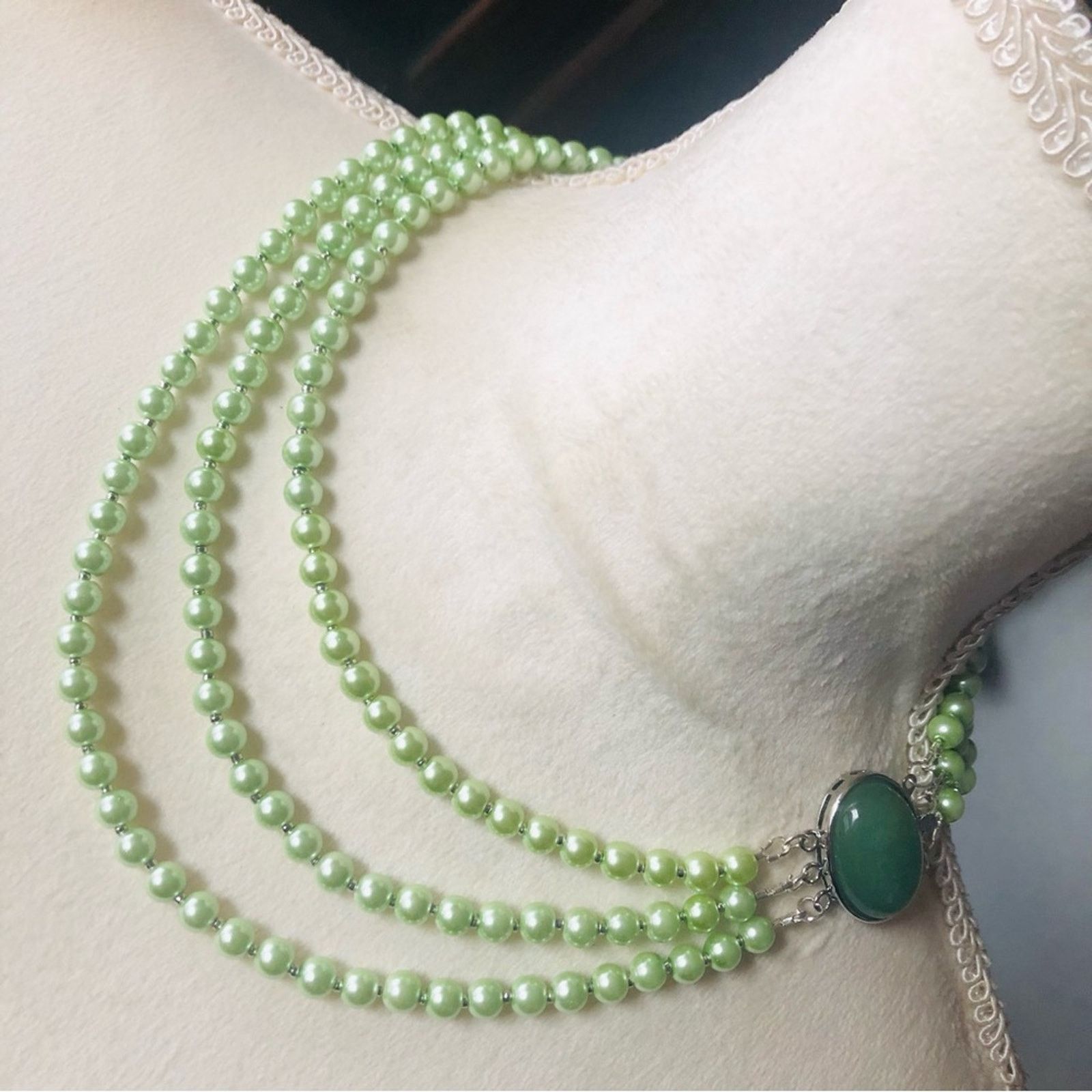 Handmade Handcrafted triple strand glass Pearl aventurine neckla Size ONE SIZE - 1 Thumbnail