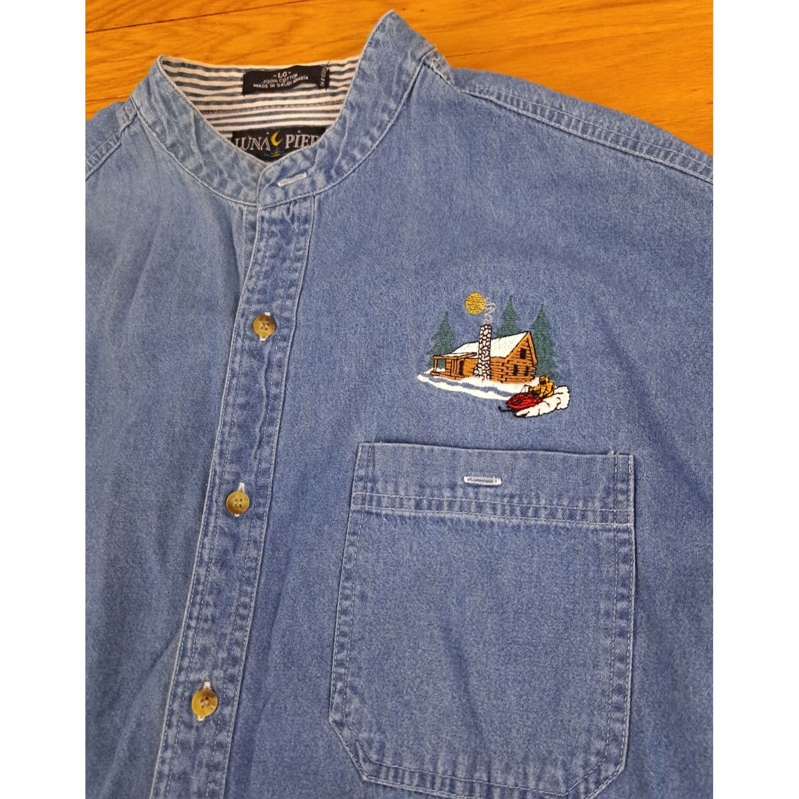 Vintage Blue Jeans Shirt Embroided Winter Cabin & Snowmobile Print Full Button LG Size US L / EU 52-54 / 3 - 2 Thumbnail