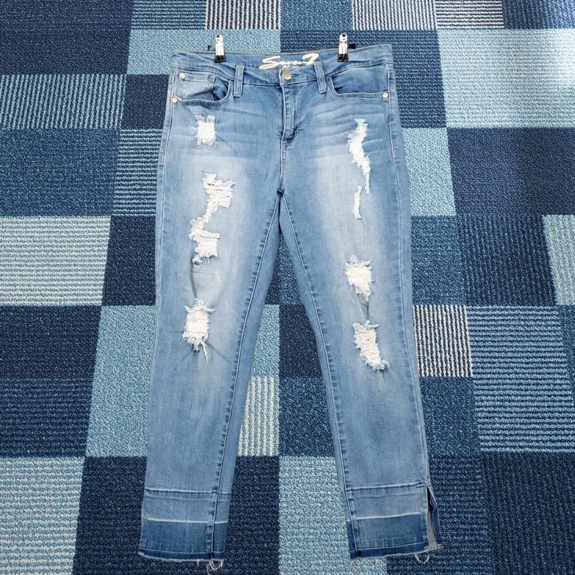 Vintage Seven7 Jeans Women 12 Blue Skinny Easy Fit Mid Rise Medium Wash Denim Distressed Size 34" / US 12 / IT 48 - 1 Thumbnail