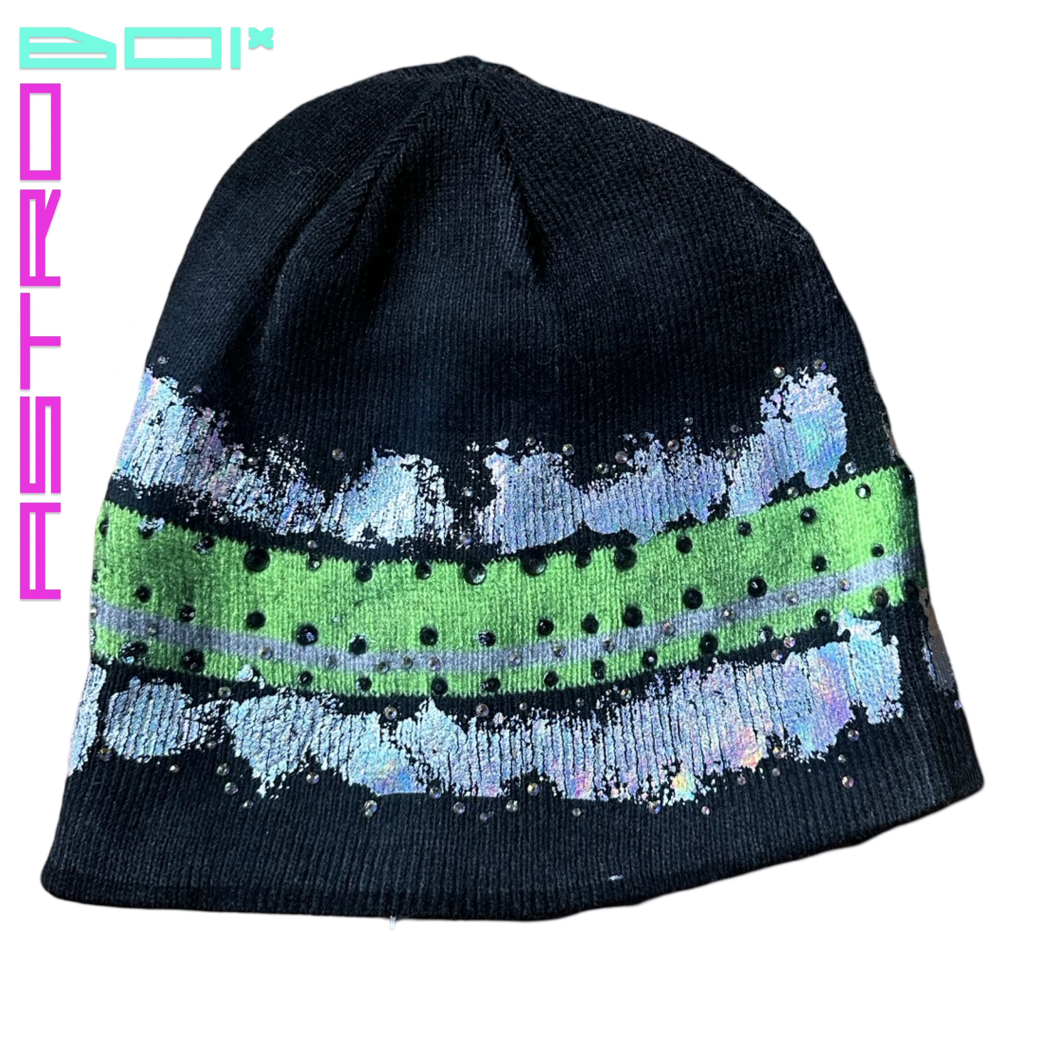Other ASTROBOI* GREY BEANIE W/ SLIME GREEN STRIPE AND RHINESTONES Size ONE SIZE - 6 Thumbnail