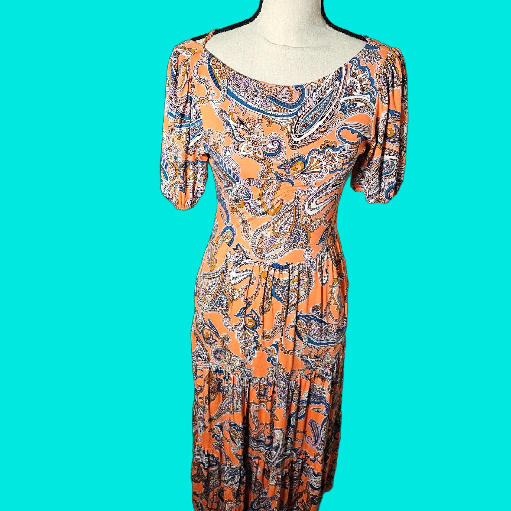 Boden Boden Maxi Dress Orange Paisley 6 R D0681 Cross Strap Back Short Sleeve Cap Sleeve Floral 100% Cotton Womens Size 28" / US 6 / IT 42 - 1 Thumbnail