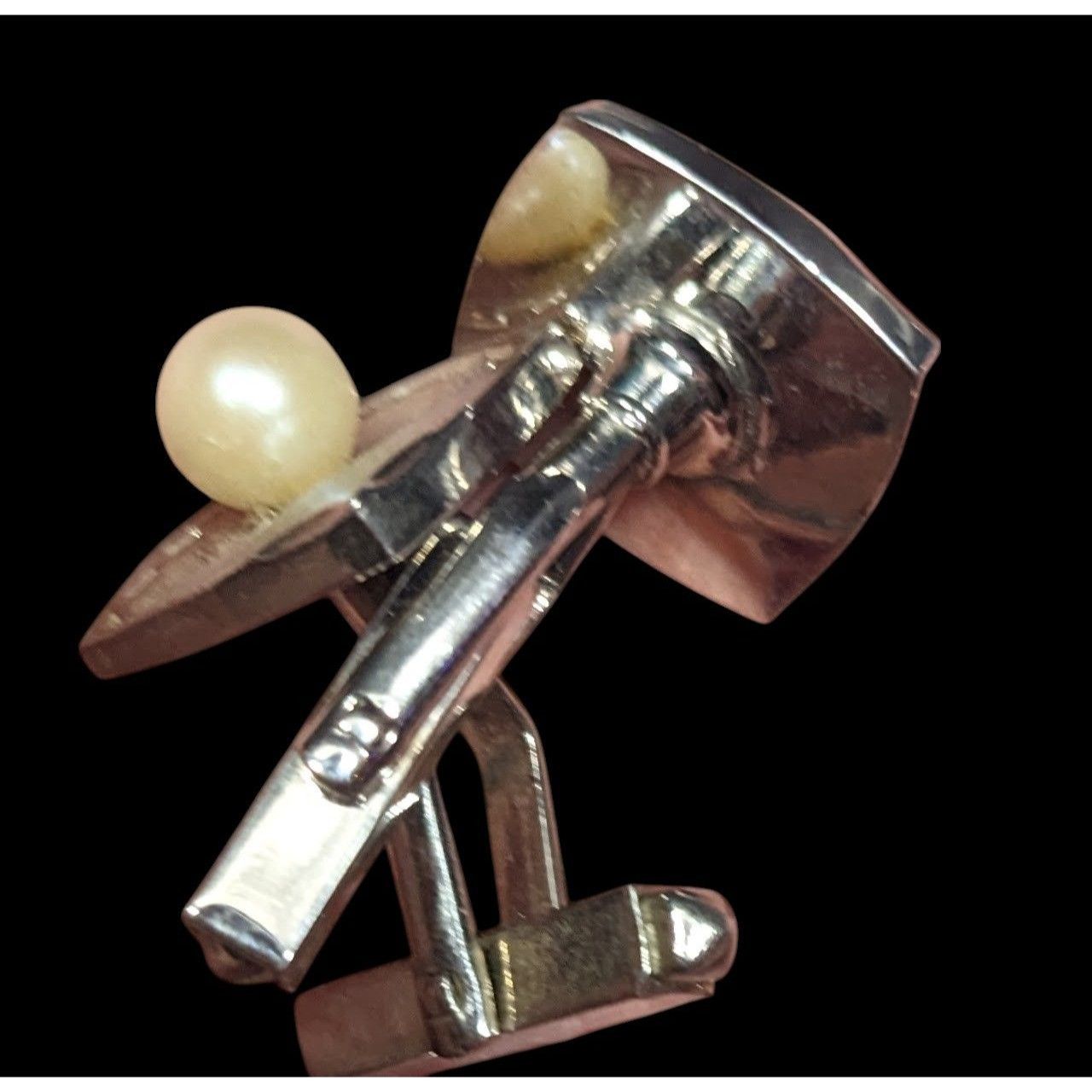Other Vintage Engraved Square Silver Tone Cufflinks With Faux Pear Size ONE SIZE - 2 Thumbnail