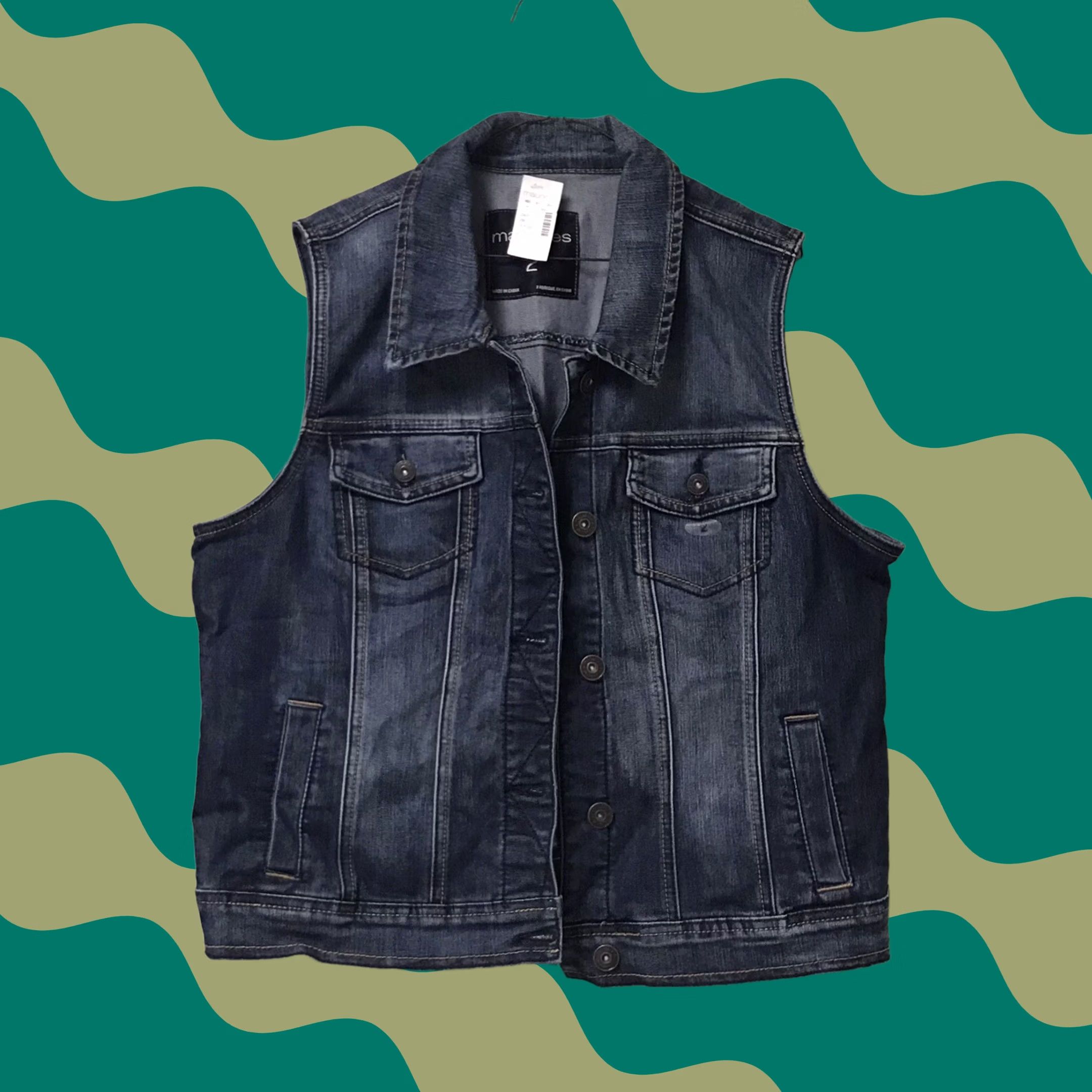 Vintage Maurices Vest Women Dark Blue Wash Stretch Denim Button-Up Sleeveless Collared 4-Pockets Distressed Casual Travel 2 Size XS / US 0-2 / IT 36-38 - 1 Thumbnail