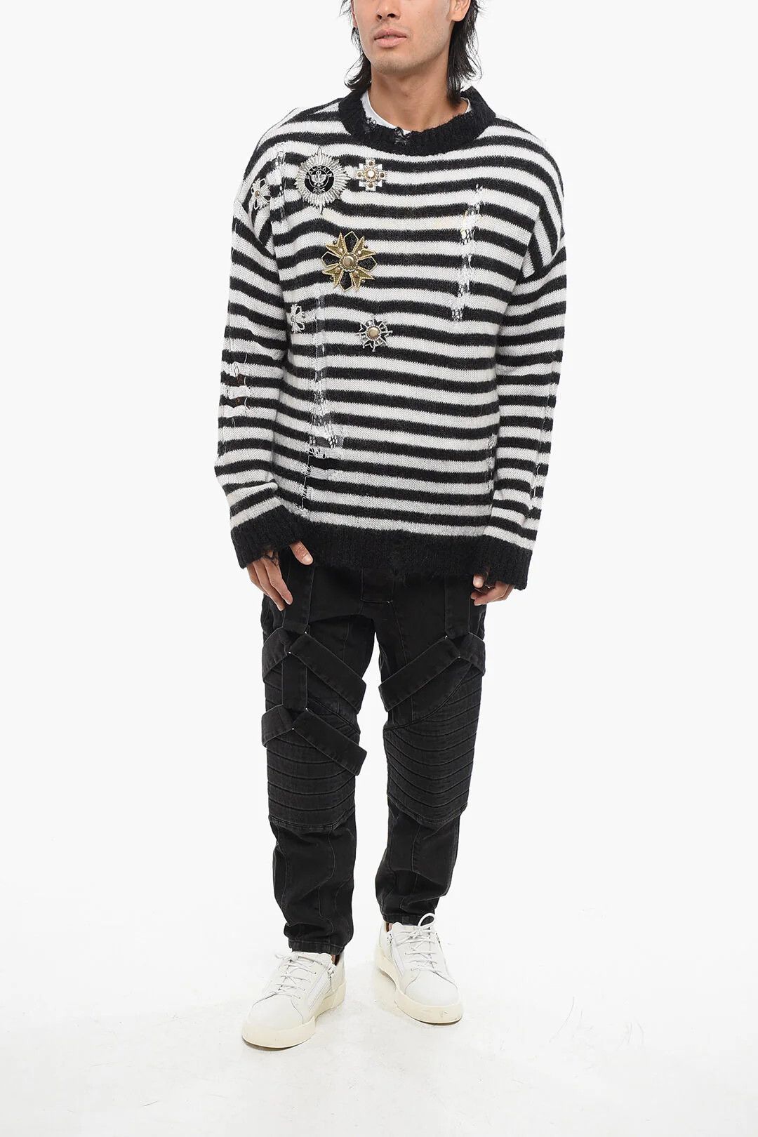 Balmain og1mm0326 Crewneck Vintage-Effect Striped Sweater BlackWhite Size US XS / EU 42 / 0 - 4 Thumbnail