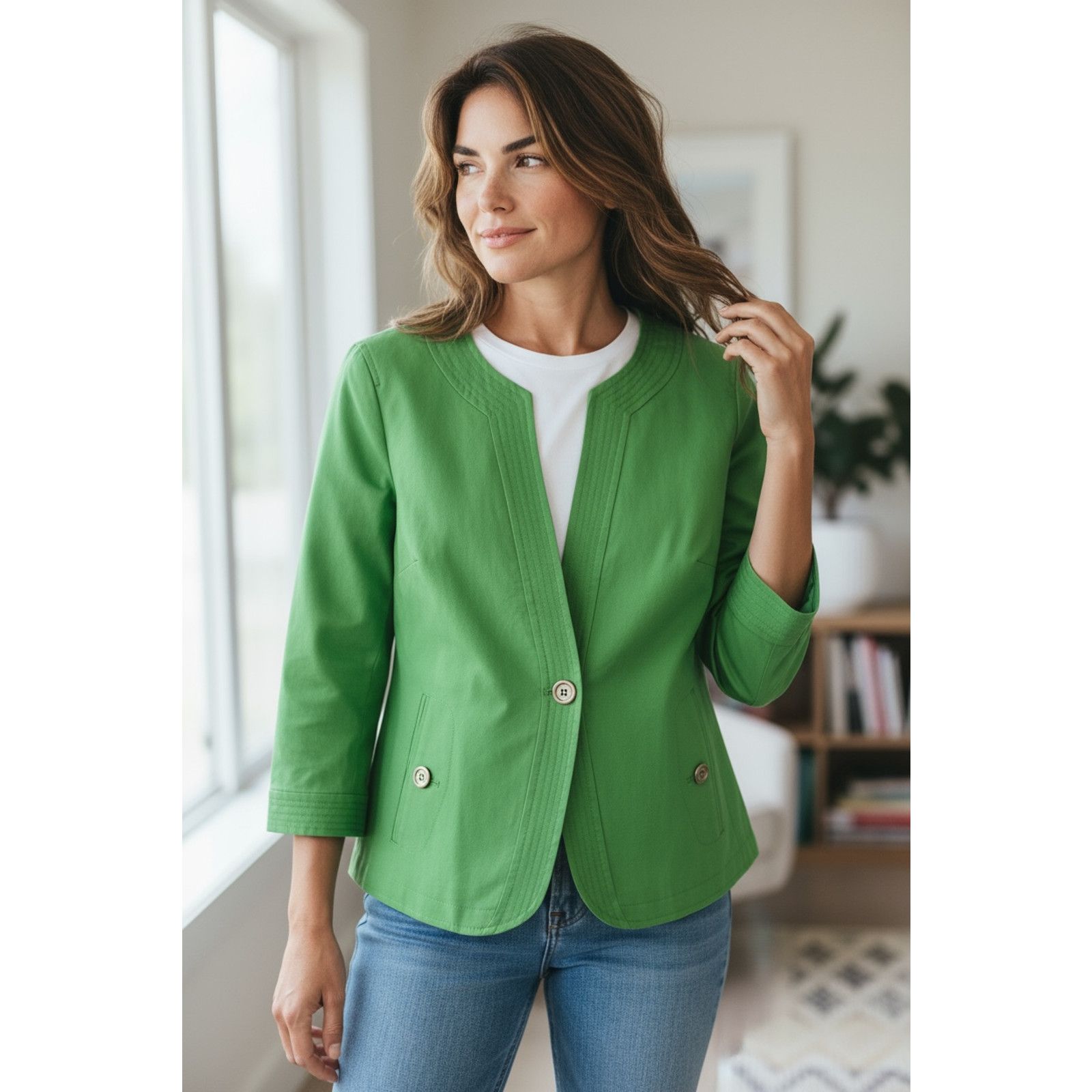 Robert Talbott Talbots Blazer Womens 16P Green Collarless Open Front Petite Size XXL / US 16-18 / IT 52-54 - 1 Thumbnail