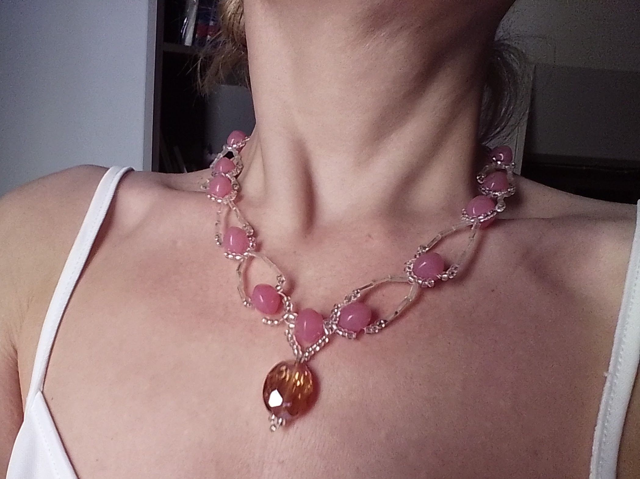 Handmade Necklace Pink Resin Stones Crystal Pendant. Earrings Size ONE SIZE - 7 Thumbnail