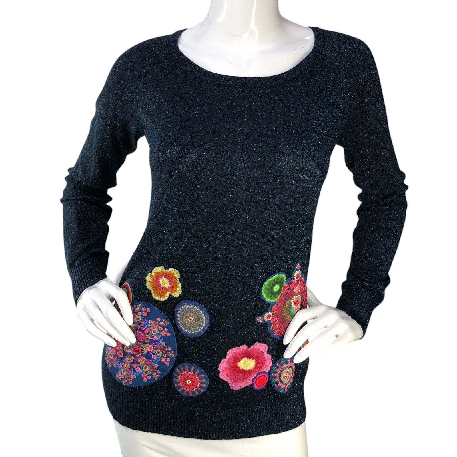 Desigual Desigual Size S Sweater Floral Embroidery Metallic Navy Blue Size S / US 4 / IT 40 - 11 Thumbnail