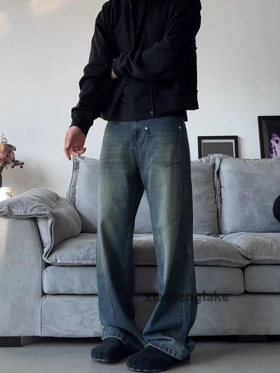 Jean × Vintage washed faded loose baggy skate hiphop patchwork jeans Size US 34 / EU 50 - 4 Thumbnail