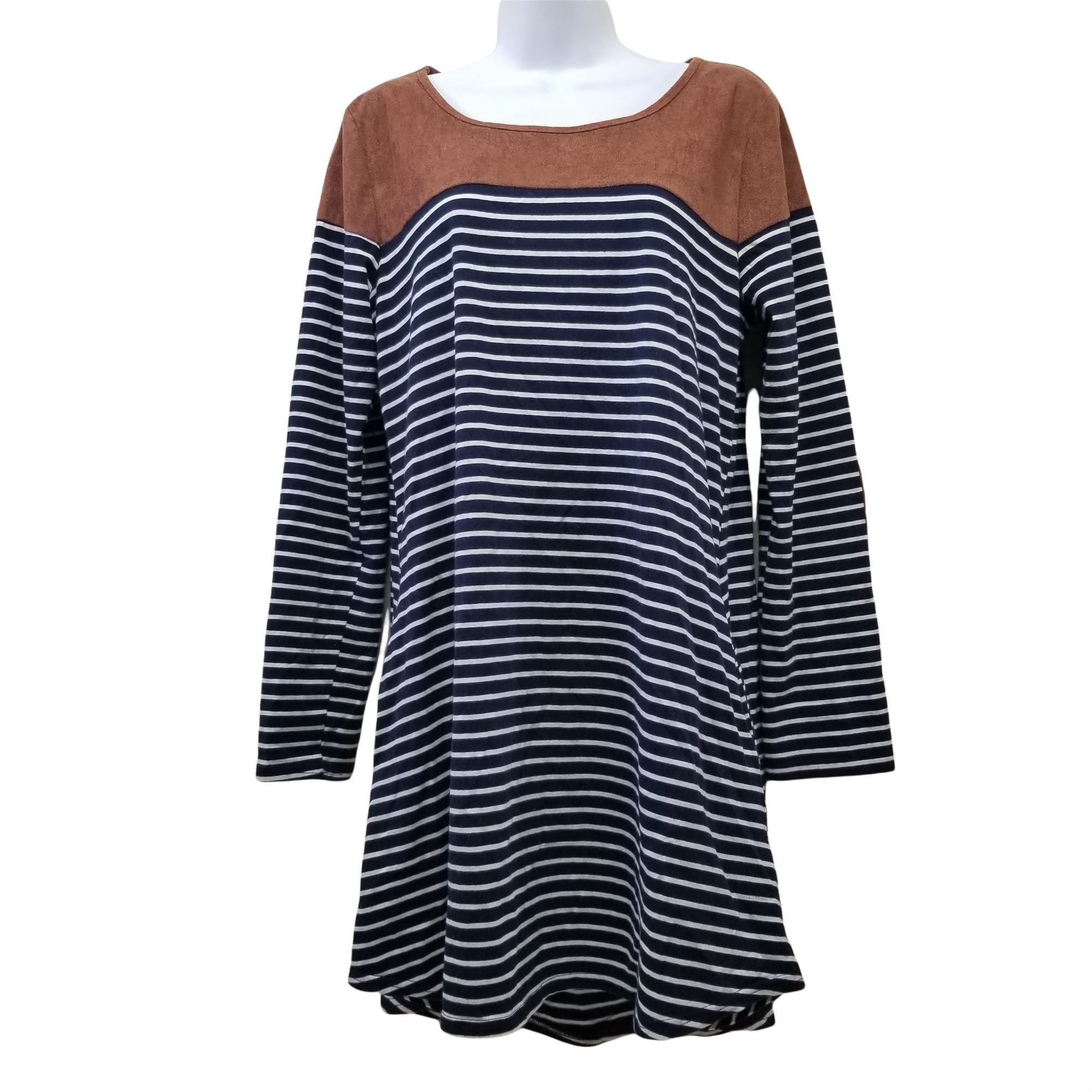 Other Umgee S Blue White Striped Tunic Dress Pockets Brown Elbow P Size S / US 4 / IT 40 - 2 Thumbnail