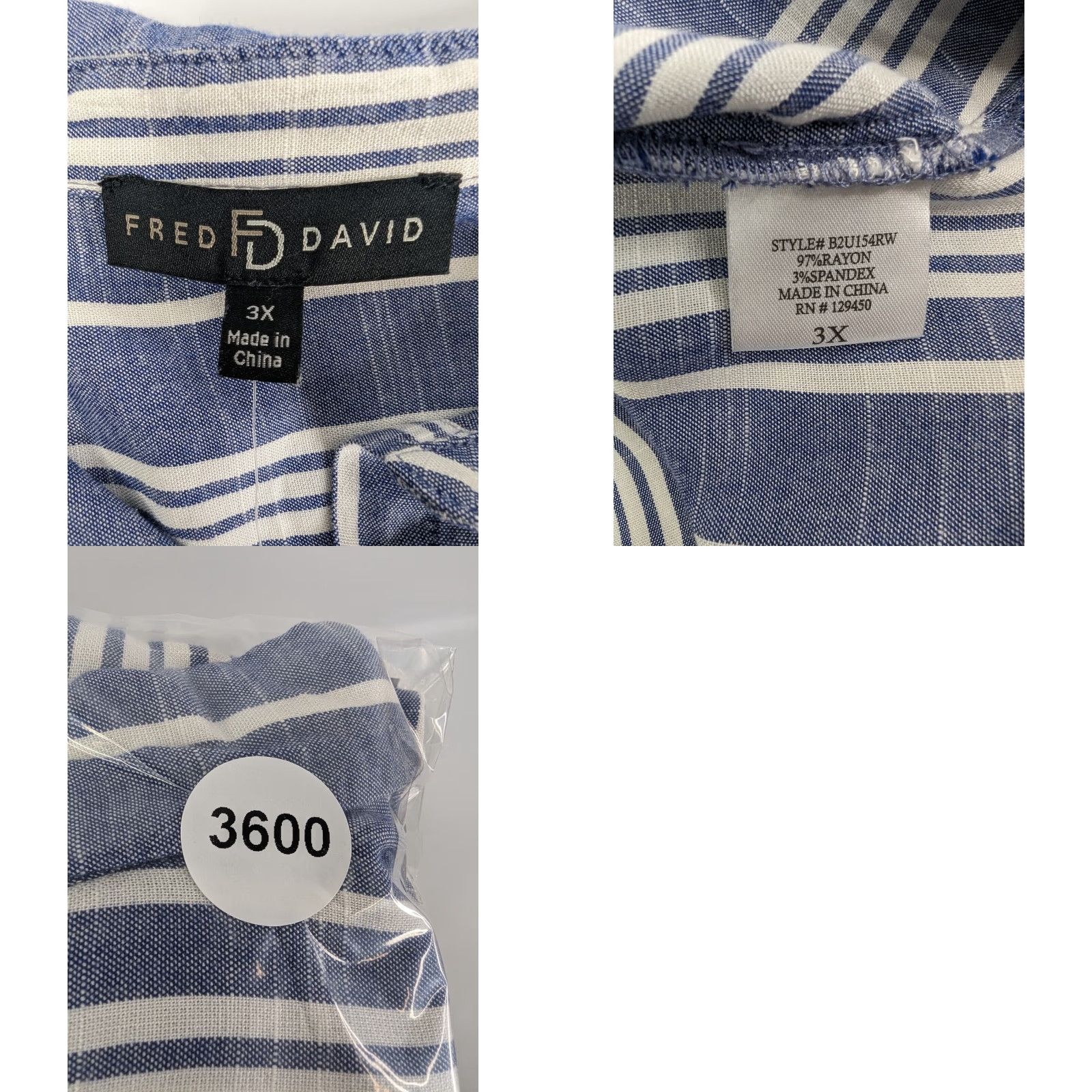 FRED Fred David Blouse Shirt 3X Womens Long Sleeve Striped Blue NWT Rayon Spandex Plus Size Size XXL / US 16-18 / IT 52-54 - 8 Thumbnail