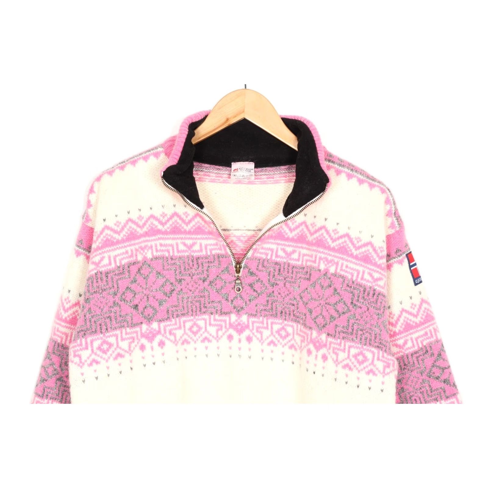 SAS ASA GJESTAL SPINNERI Norway Nordic Fair Isle Zip Neck Wool Jumper Sweater Men M White / Pink Knit 1/4 Zip All Seasons Classic Designer Jumpers Mens Size US M / EU 48-50 / 2 - 3 Thumbnail