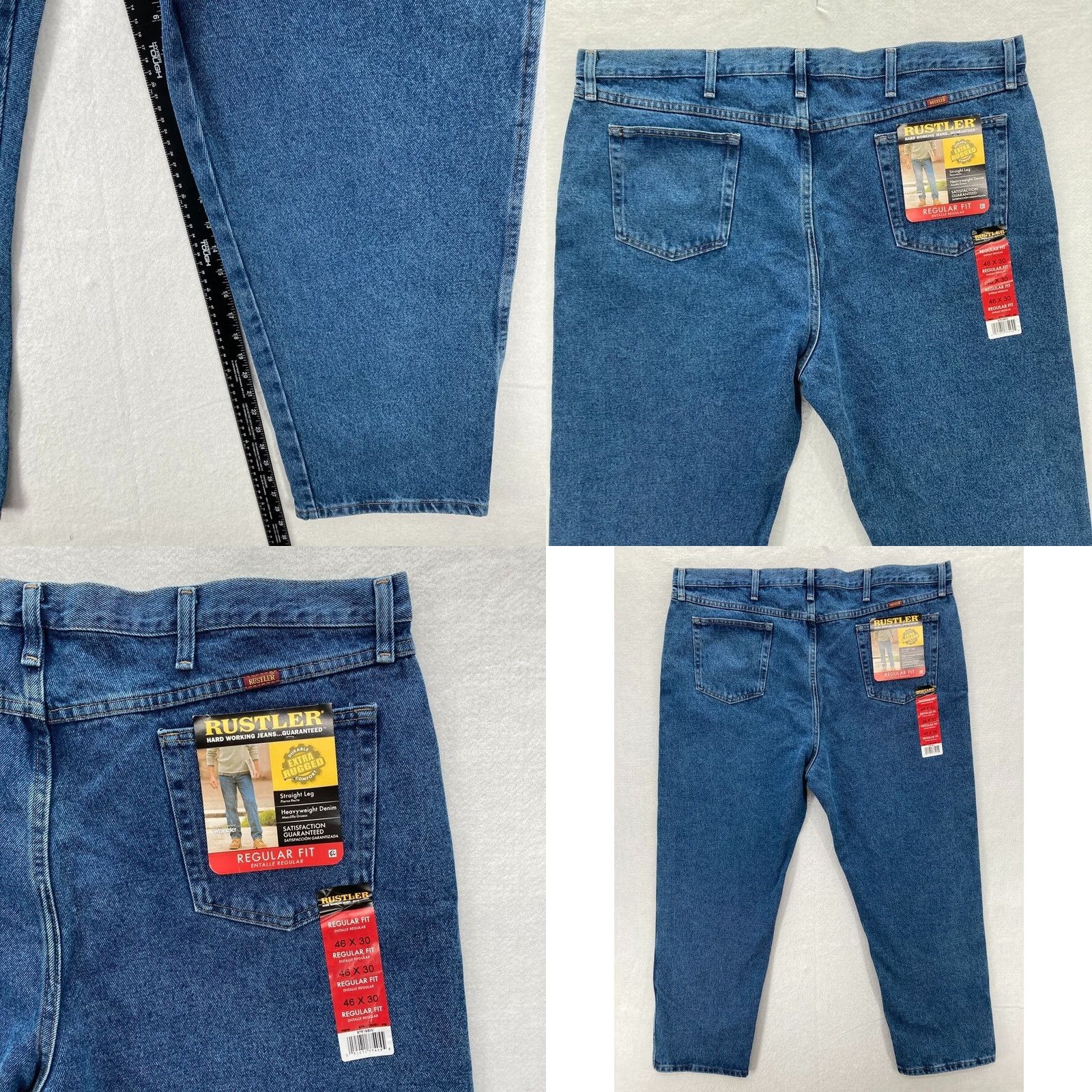 Denime Rustler Mens 46x30 Jeans Straight Denim Blue Reg Size US 30 / EU 46 - 8 Thumbnail