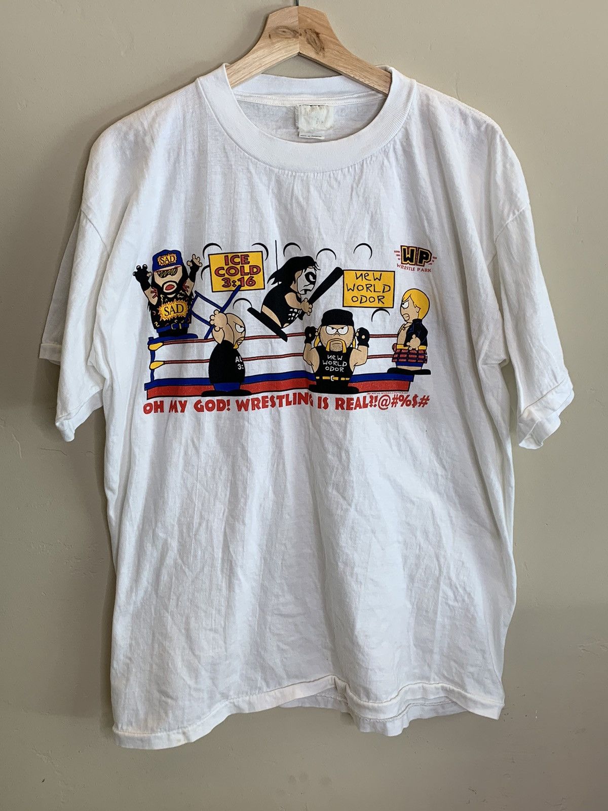 image of Vintage South Park Nwo Wrestling Single Stitch Shirt in White, Men's (Size XL)