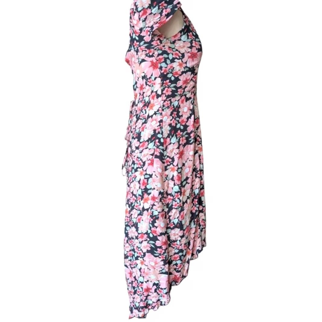 Vintage Floral Black Pink Hi Lo Midi Dress Lace Up Back Flutter Sleeve Sz L Whimsigoth Size L / US 10 / IT 46 - 4 Thumbnail