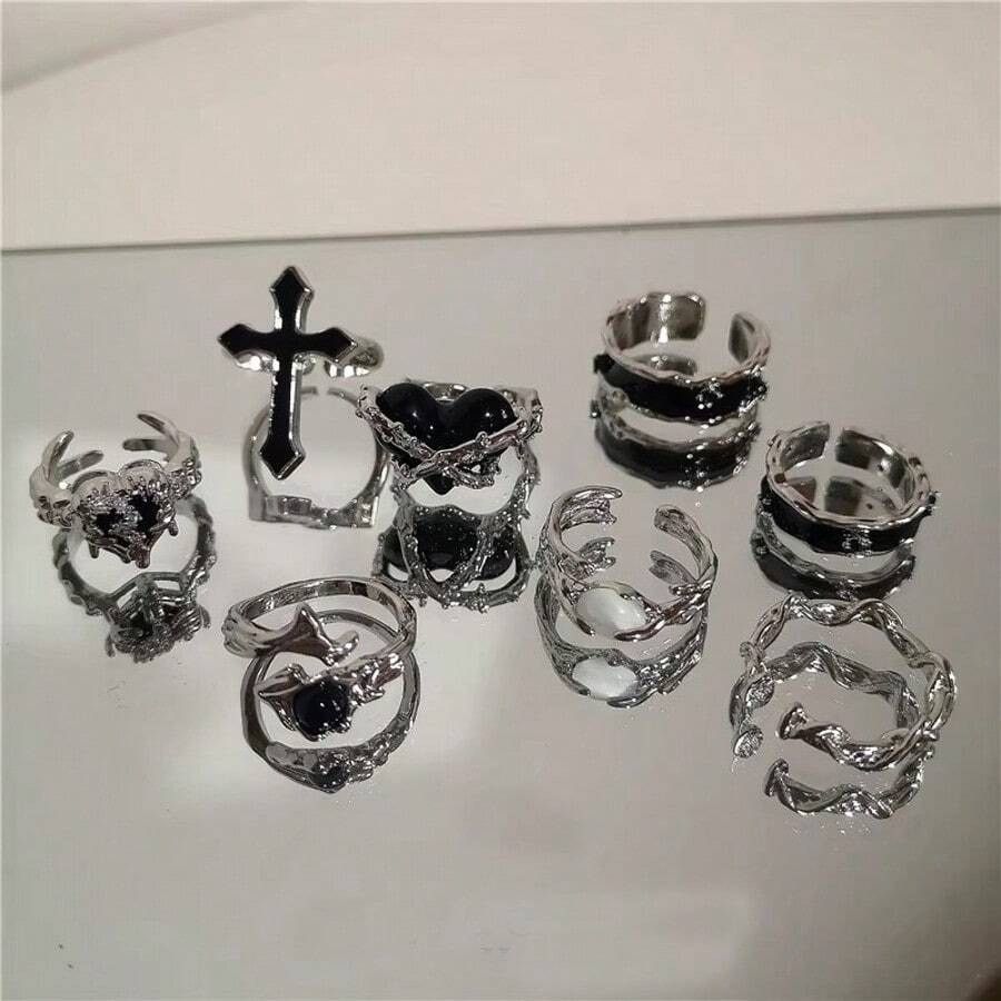 Other 8x Goth Emo Punk Rave One Size Adjustable Ring Set Size ONE SIZE - 1 Thumbnail