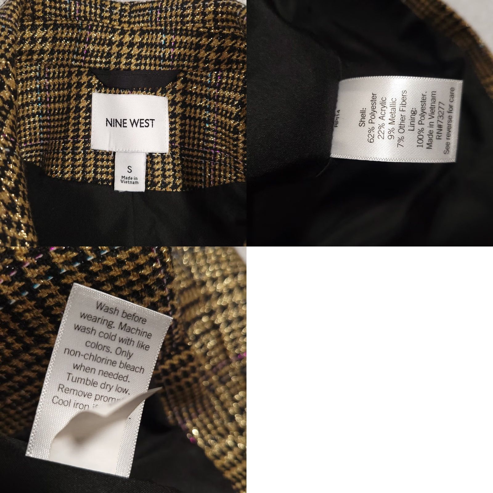 Nine West Nine West Blazer Women's S Gold Shimmer Houndstooth Jacket Coat Lined Size S / US 4 / IT 40 - 9 Thumbnail