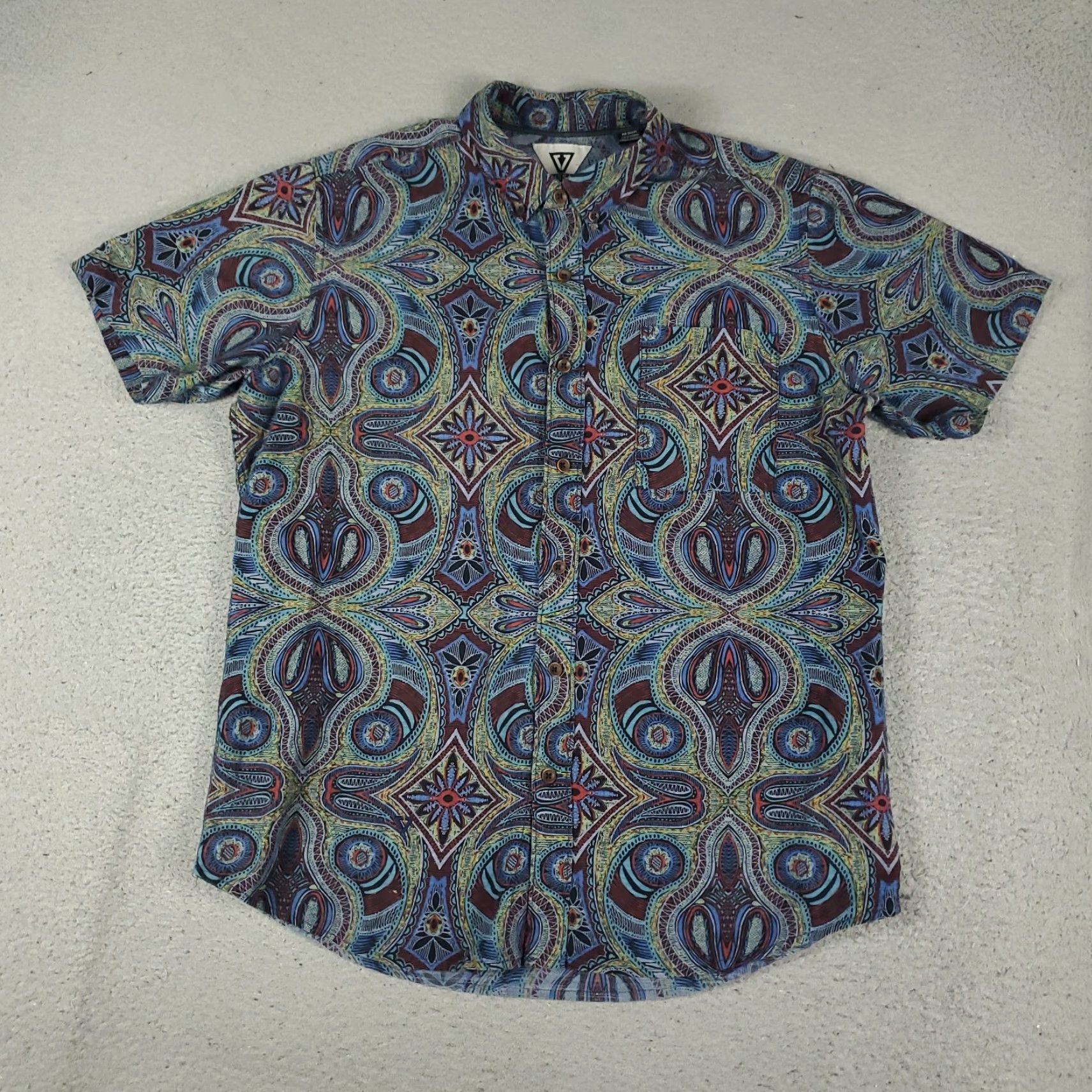 Vissla Vissla Mens Button-Up Shirt Short Sleeve Blue Geometric Cotton Woven Collared Pocket Updated 90s Classic Preppy Modern Colorful Size US M / EU 48-50 / 2 - 2 Thumbnail