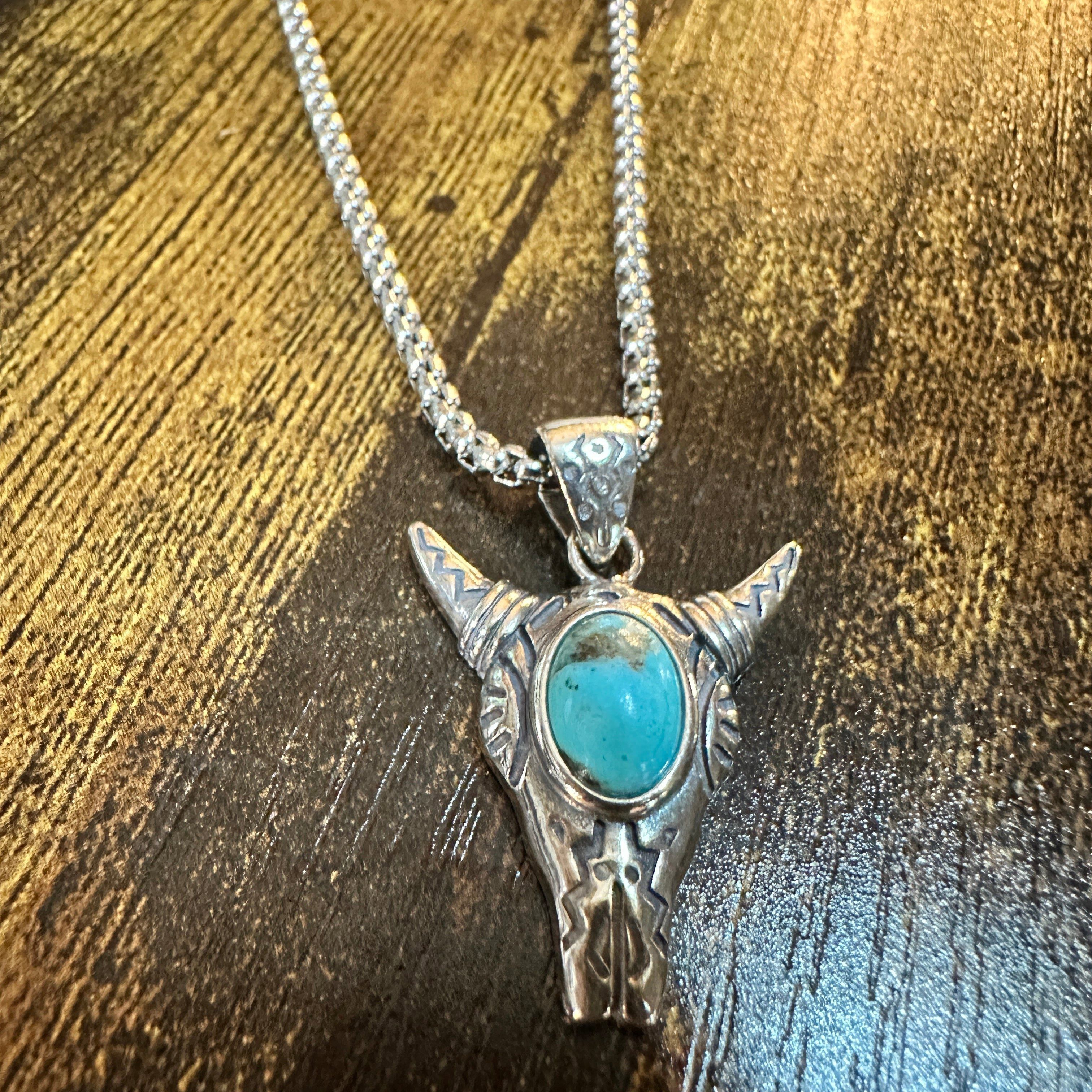 Other Boho Turquoise-Embellished Cow Skull Chain Necklace: 18" Ste Size ONE SIZE - 2 Thumbnail