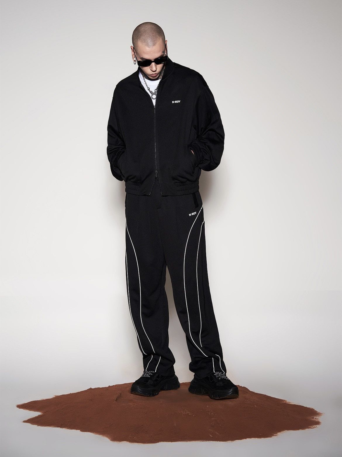 Piped Wide Track Pants in Black