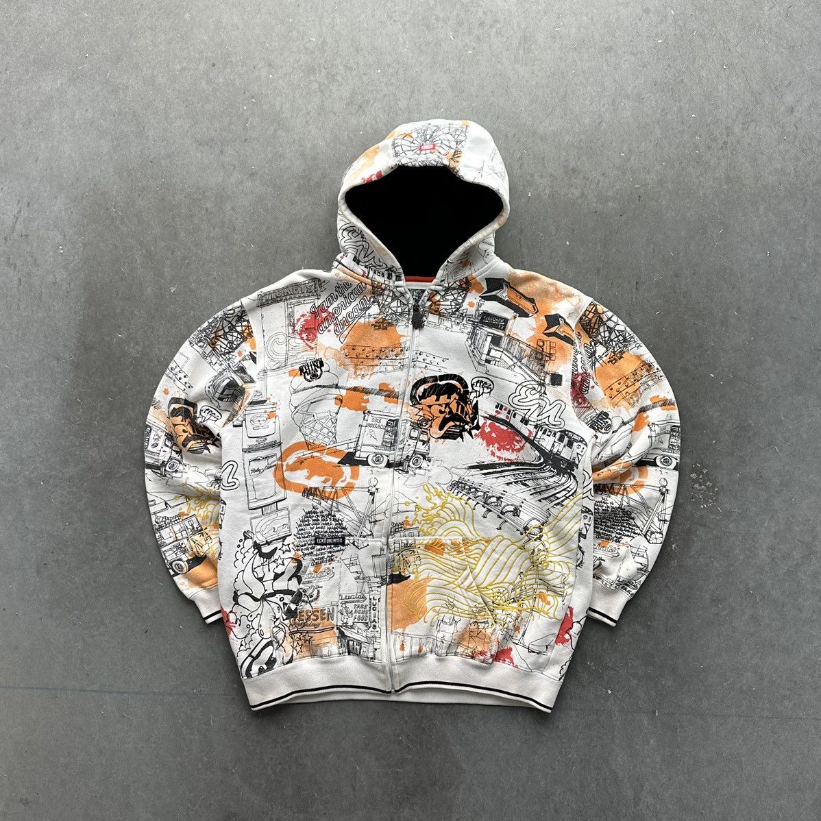 image of Crazy Vintage Y2K Ecko Unltd Hoodie Aop Grunge Cyber Jnco in Black/White/Orange, Men's (Size Large)