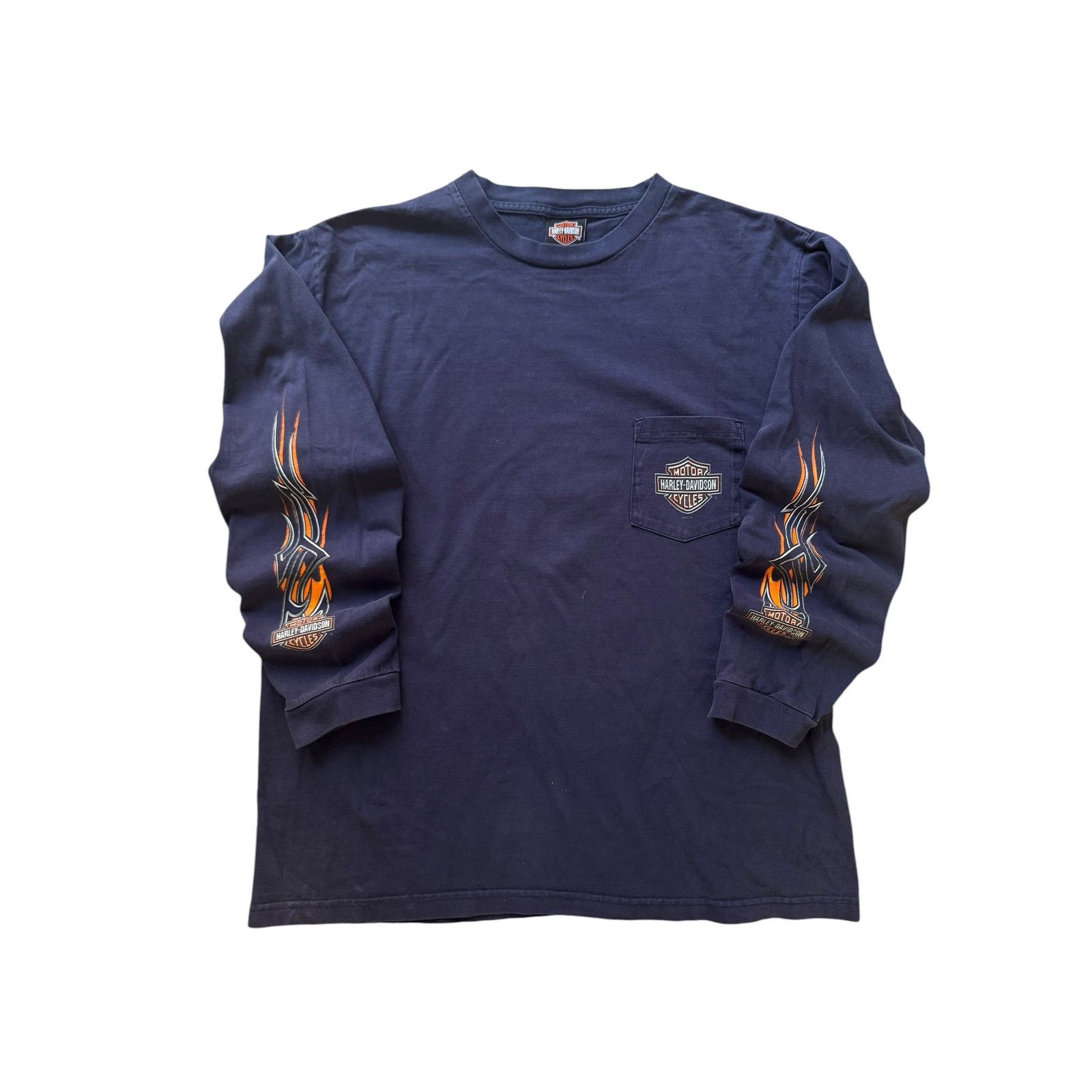 Harley Davidson Vintage Harley Davidson Navy Pocket Hit Flame Long Sleeve Size US XL / EU 56 / 4 - 1 Thumbnail