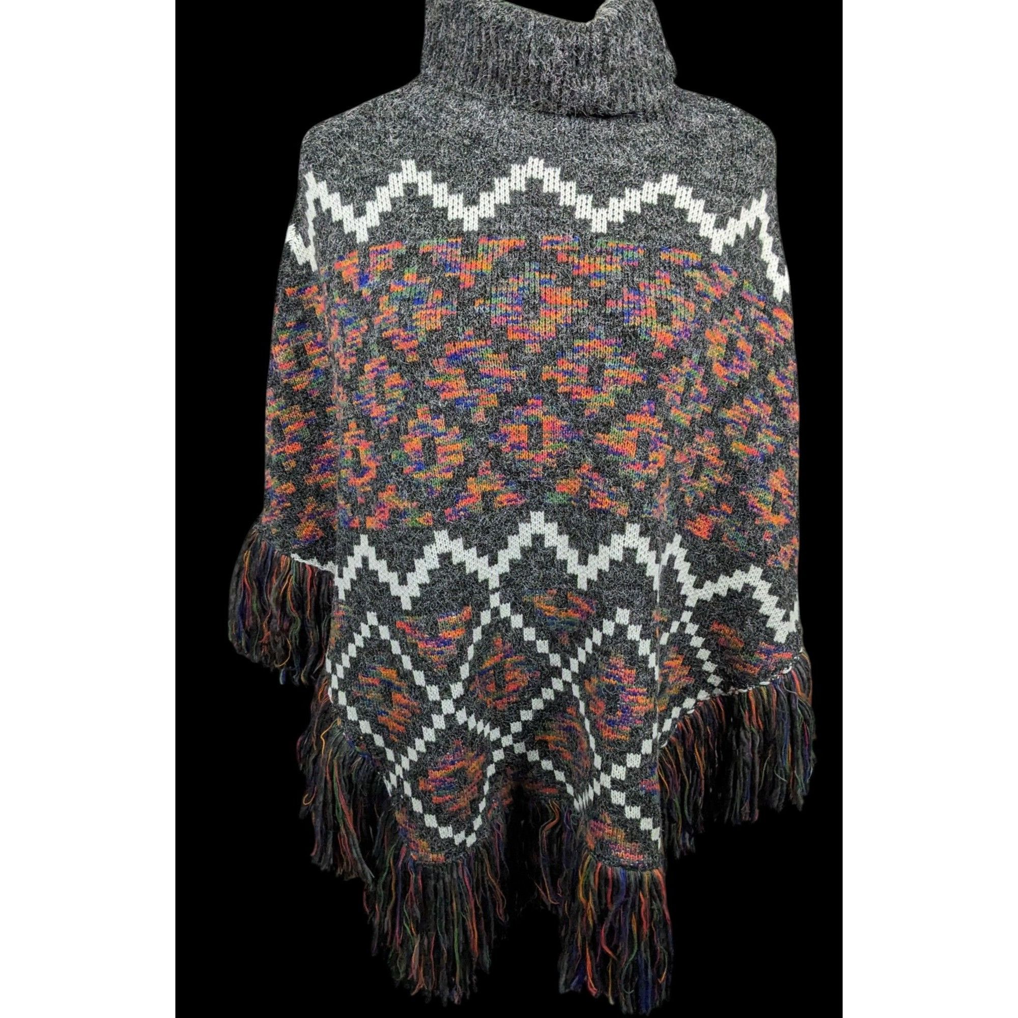 Other Modena Grey And Rainbow Geometric Cowl Neck Fringe Poncho Size ONE SIZE - 1 Thumbnail