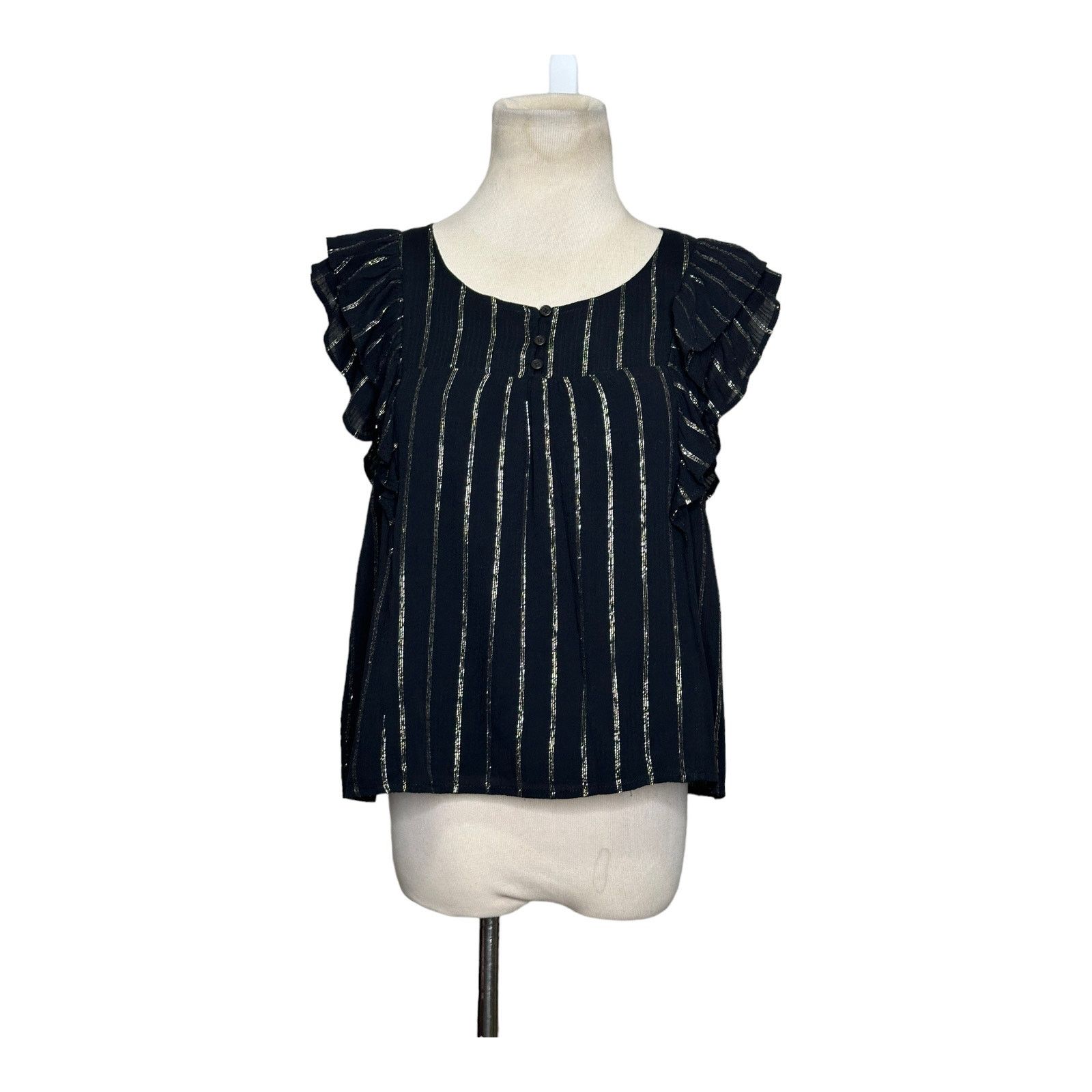 BB Dakota BB Dakota black silver stripes ruffled blouse size Small Size S / US 4 / IT 40 - 1 Thumbnail