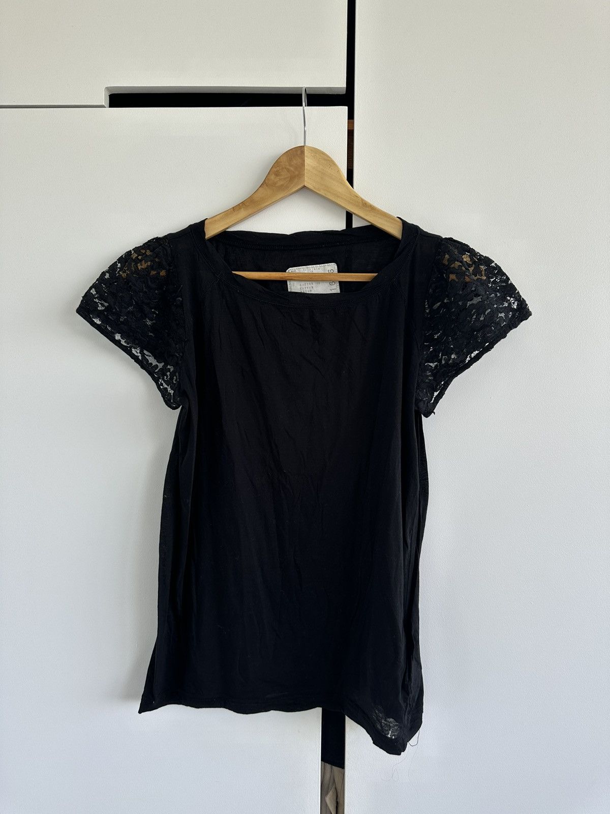 image of Sacai 1616 Black Lace Sleeve Tee, Women's (Size Small)