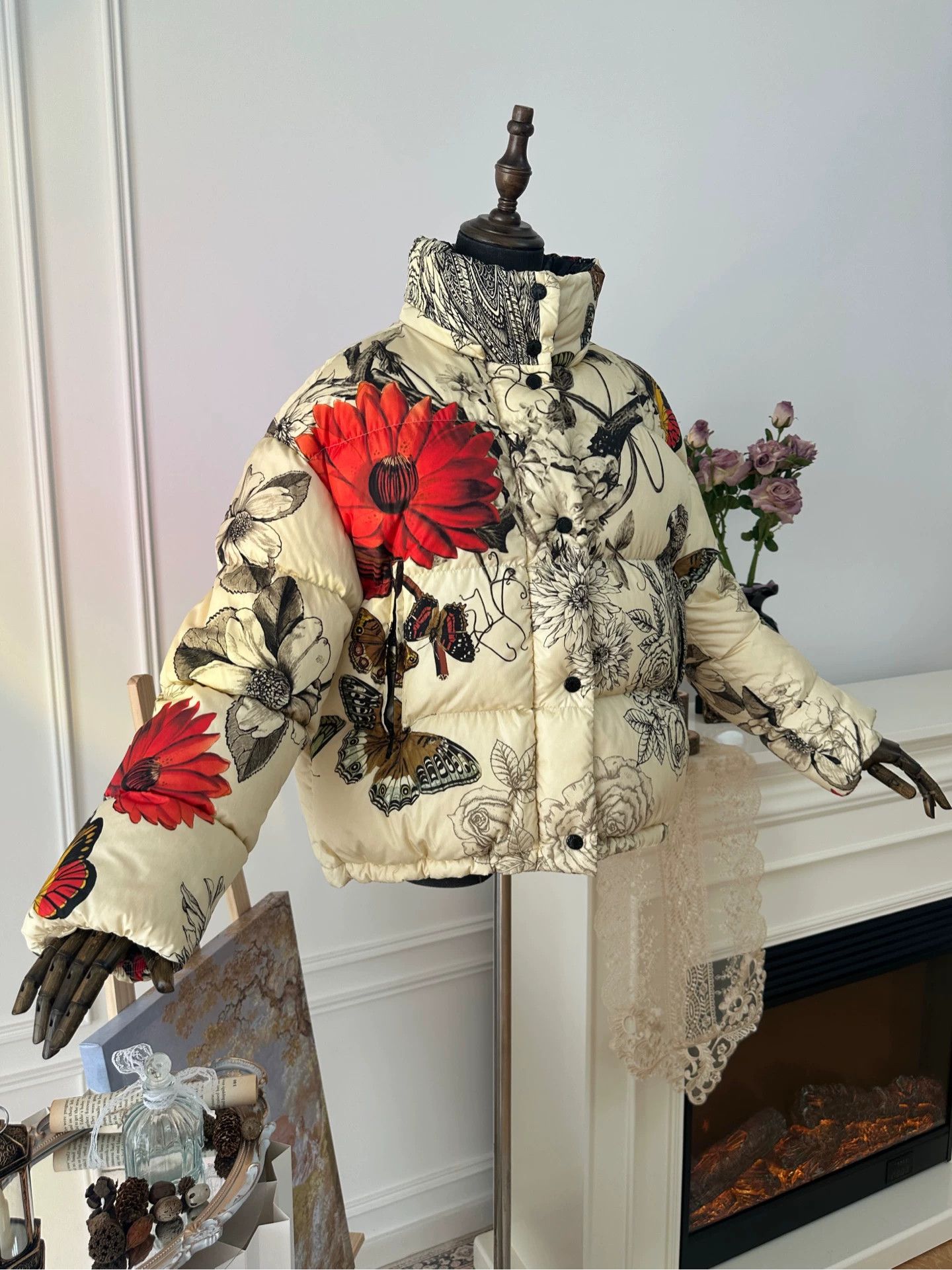 Moncler MONCLER Ink Floral Down Jacket Women's Beige 2 Size XXS / US 00 / IT 34 - 3 Thumbnail