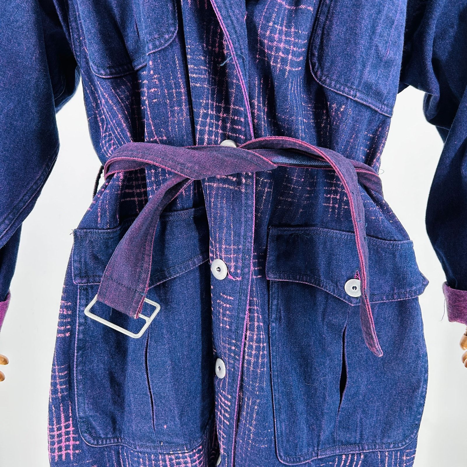 Vintage 80s Cotton Purple Blue Abstract Belted Denim Duster Coat Size M / US 6-8 / IT 42-44 - 3 Thumbnail