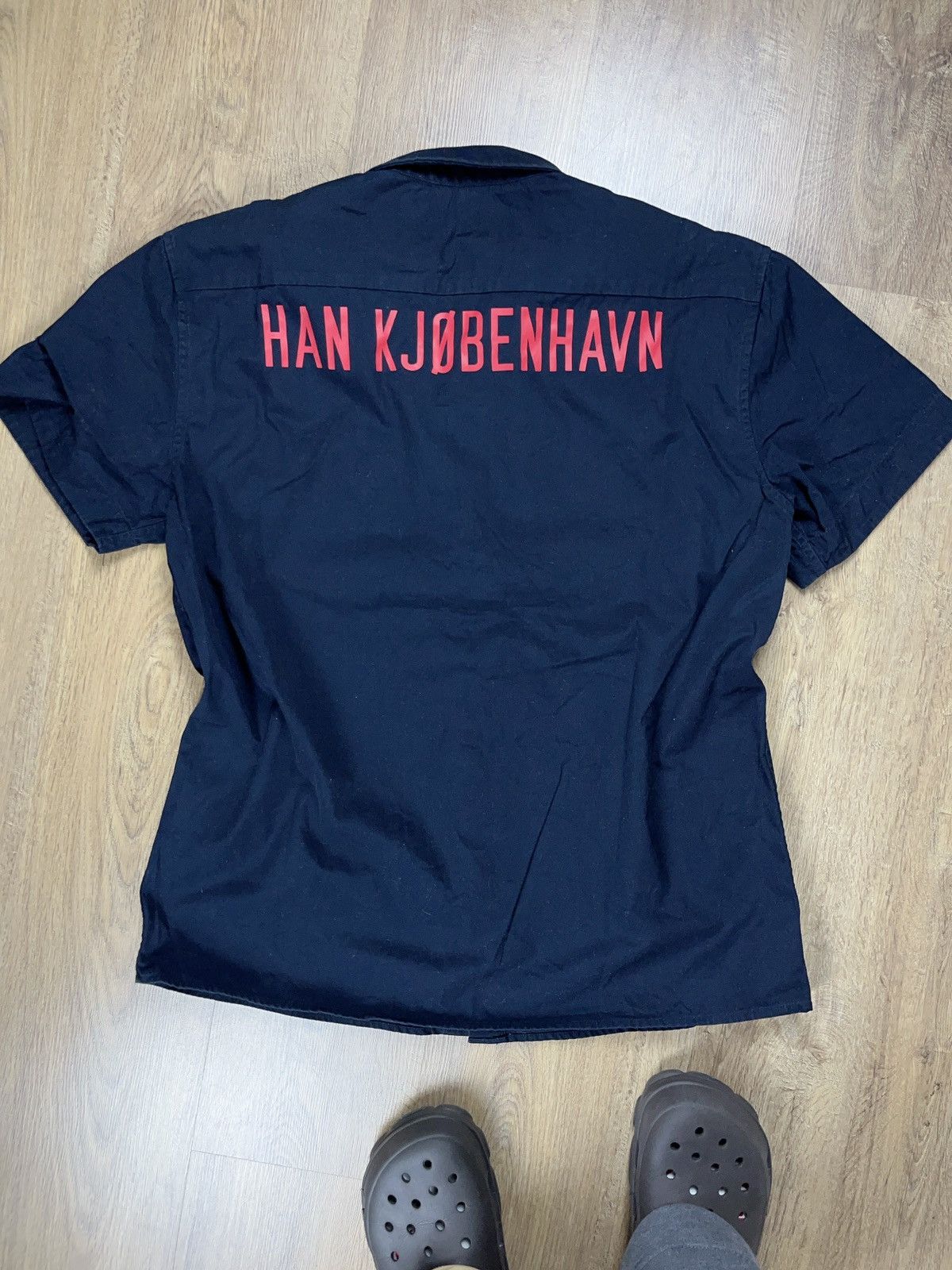 image of Han Kjobenhavn Back Logo Mist Button Up Shirt in Navy, Men's (Size XL)