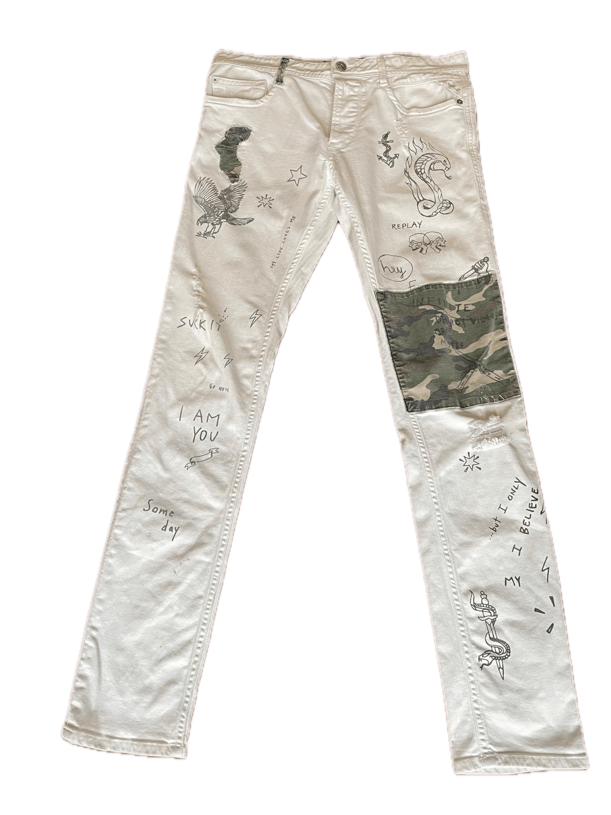 Replay Replay - Custom Style Graphic & Camo Patch Jeans (White) Size US 30 / EU 46 - 1 Thumbnail