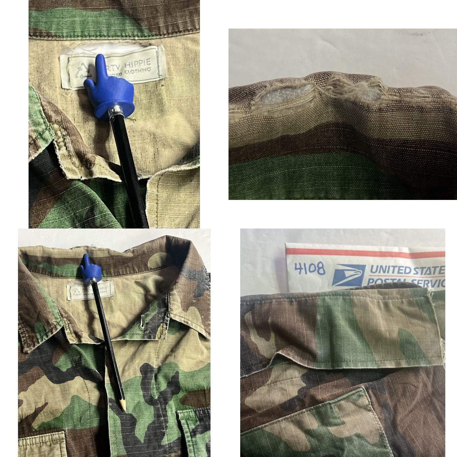 Vintage VINTAGE Dirty Hippie Upcycled Army Camo Shirt Jacket Jacket Casual Unisex Adults Size S Green Camouflage Military Style Rock Boho Hippie 1975 90s? Size US S / EU 44-46 / 1 - 8 Thumbnail